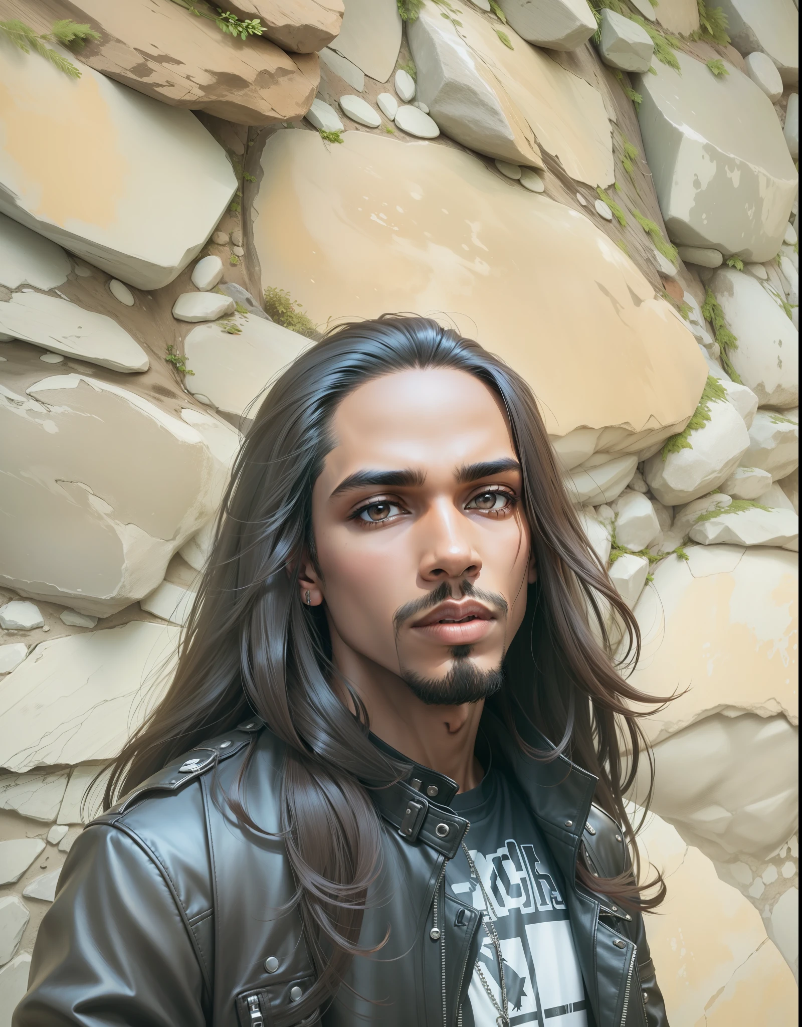 Boy, leather jacket, brown skin, long straight hair,4k, goth