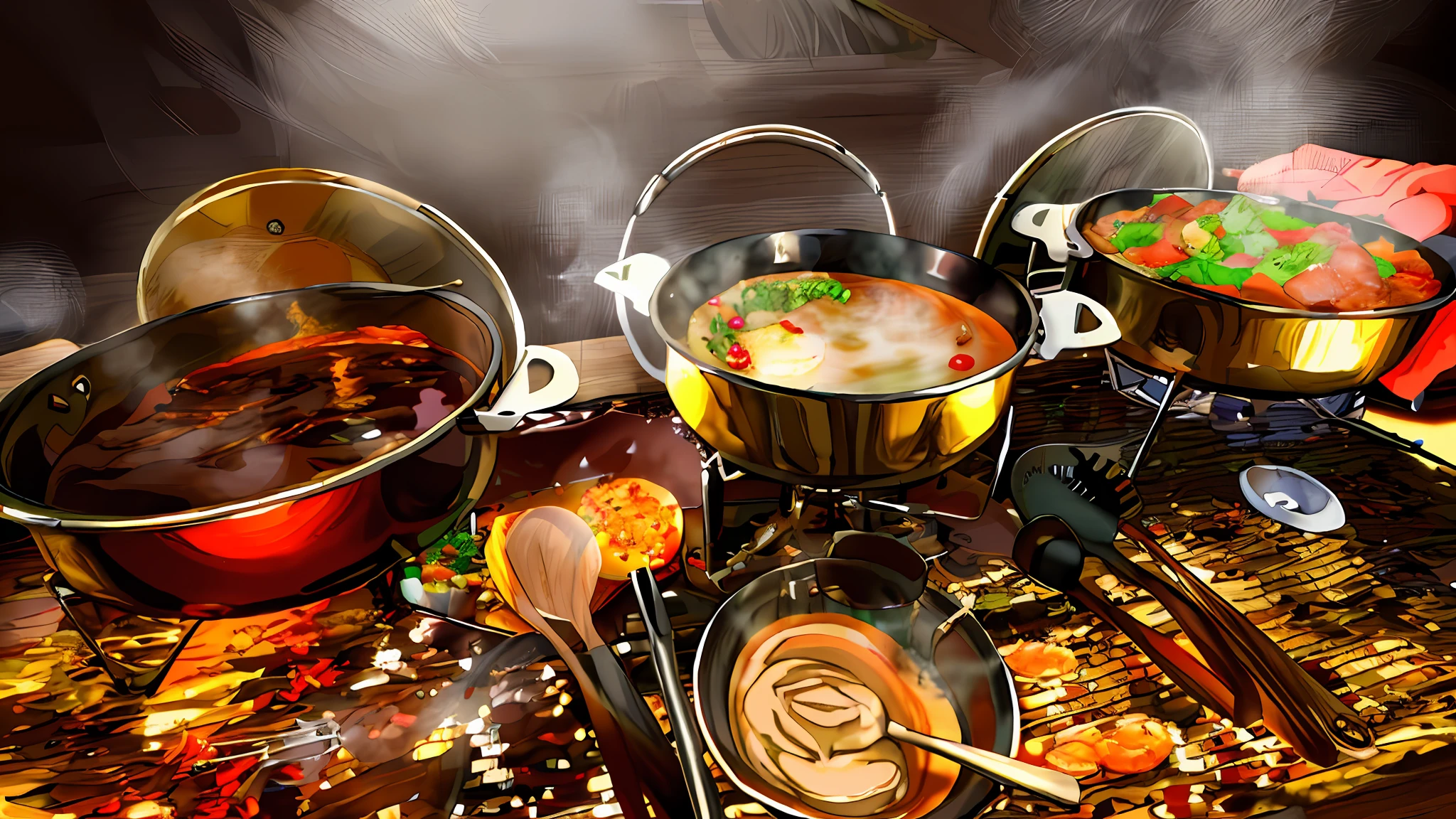 several pots and pans of food are on a table, gourmet cooking, competition winning, hot food, pot, mixed art, ready to eat, soup, cooking, food styling, steaming food on the stove, delicious food, yummy, aspic, salmon khoshroo, cooked, food photograph, more and more composision, cooking show, beautiful image, recipe