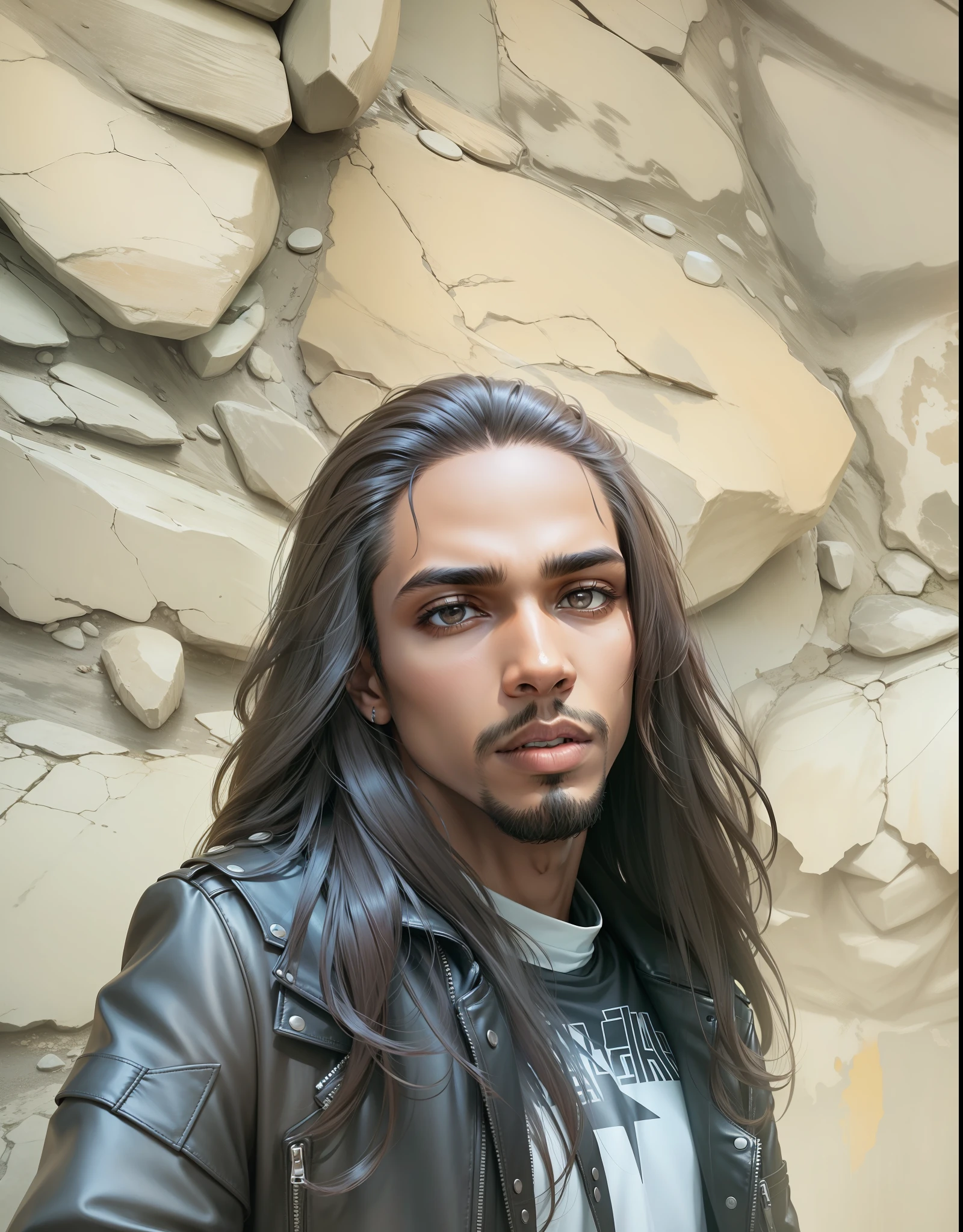Boy, leather jacket, brown skin, long straight hair,4k, goth