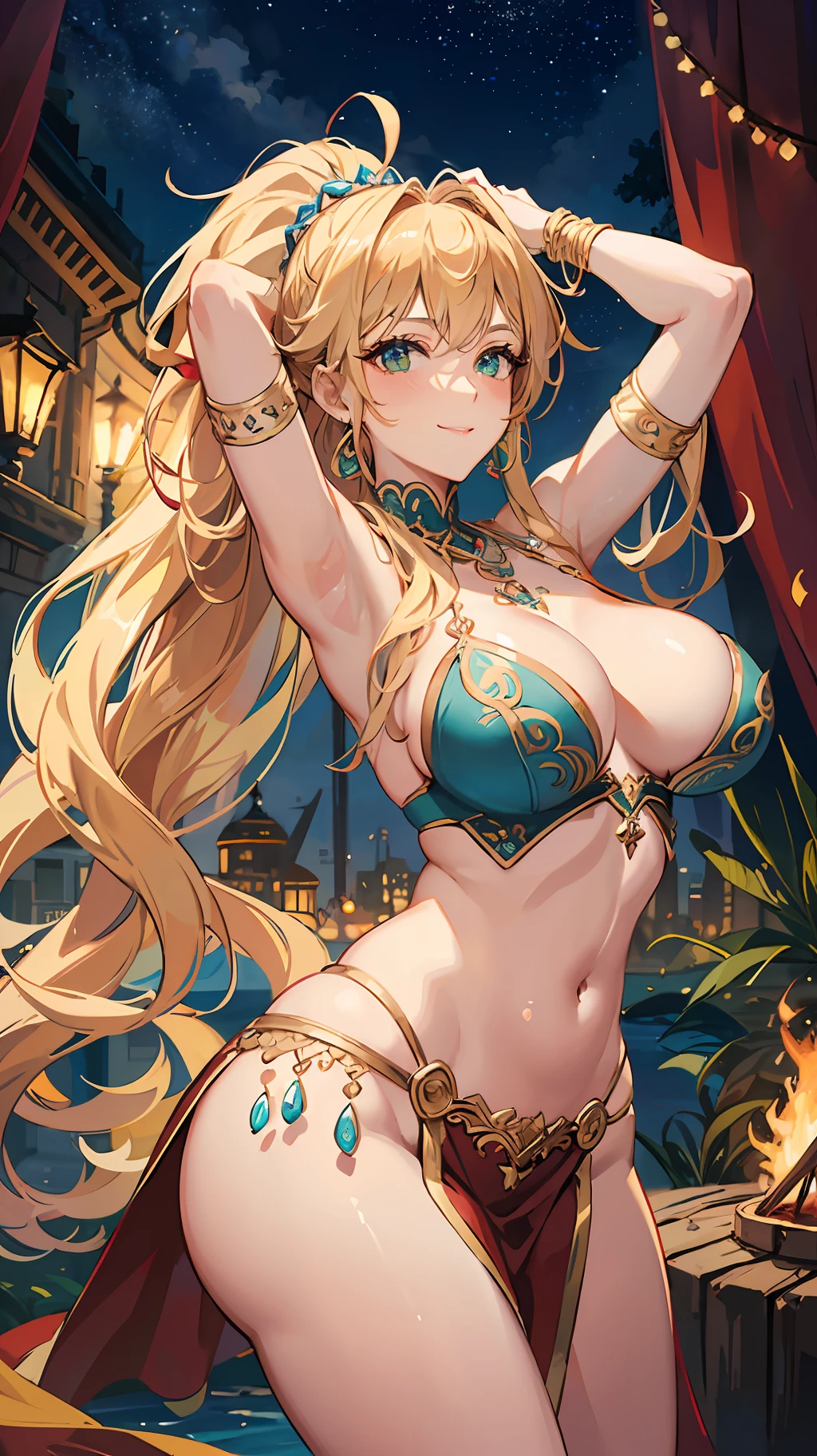 masterpiece, best quality, official art, extremely detailed CG unity 8k wallpaper, detailed background, (hand by Guido Daniele),(detail fingers) ,1 mature girl, (Belly Dancer:1.1), (curvy), standing, (belly dance pose), (wiggle ass), (arms behind head), (Red Gypsy Costume:1.2), (breast curtains:1.14), (delicate jewelry), (long blonde hair:1.12), (ahoge:1.13), (high ponytail:1.11), (green eyes:1.13), blush, seductive smile, huge breasts, cleavage, slender waist, navel, shiny skin, outdoor,(night),starry sky, (gypsy tent), (campfire),