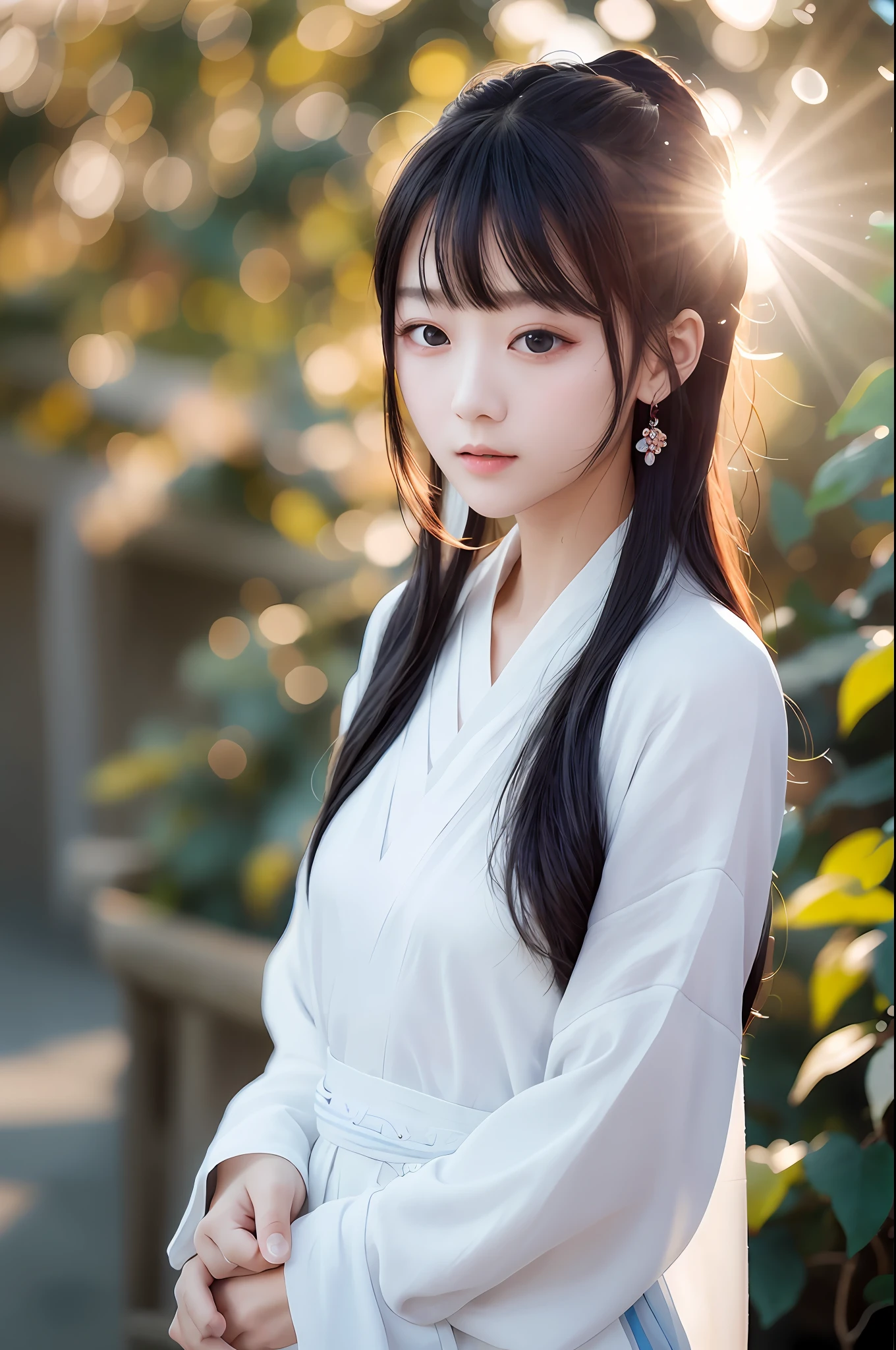 a beautiful girl in white cotrang, masterpiece, best quality, realistic:1.3, sunlight, backlighting