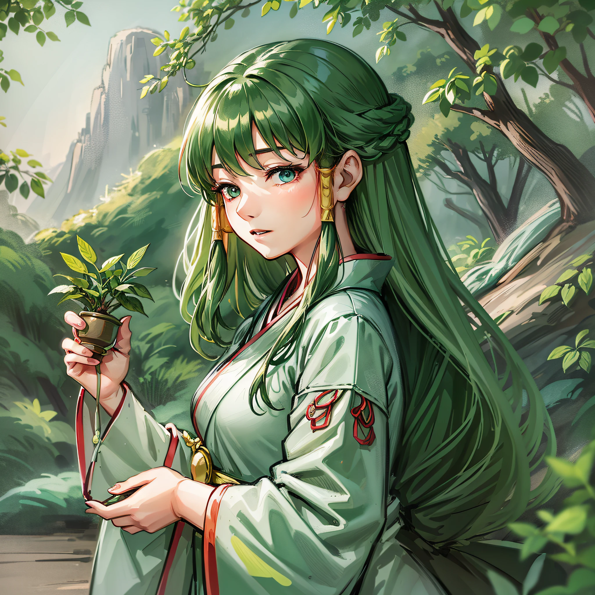 A woman in a green kimono holding a plant, with the mountain as the background, surrounded by a forest full of greenery, a girl in a hanfu, she holds a green plant leaf, branches hair from her head, green flowing hair, flowing hair and robe, national tide illustration, Miyazaki style