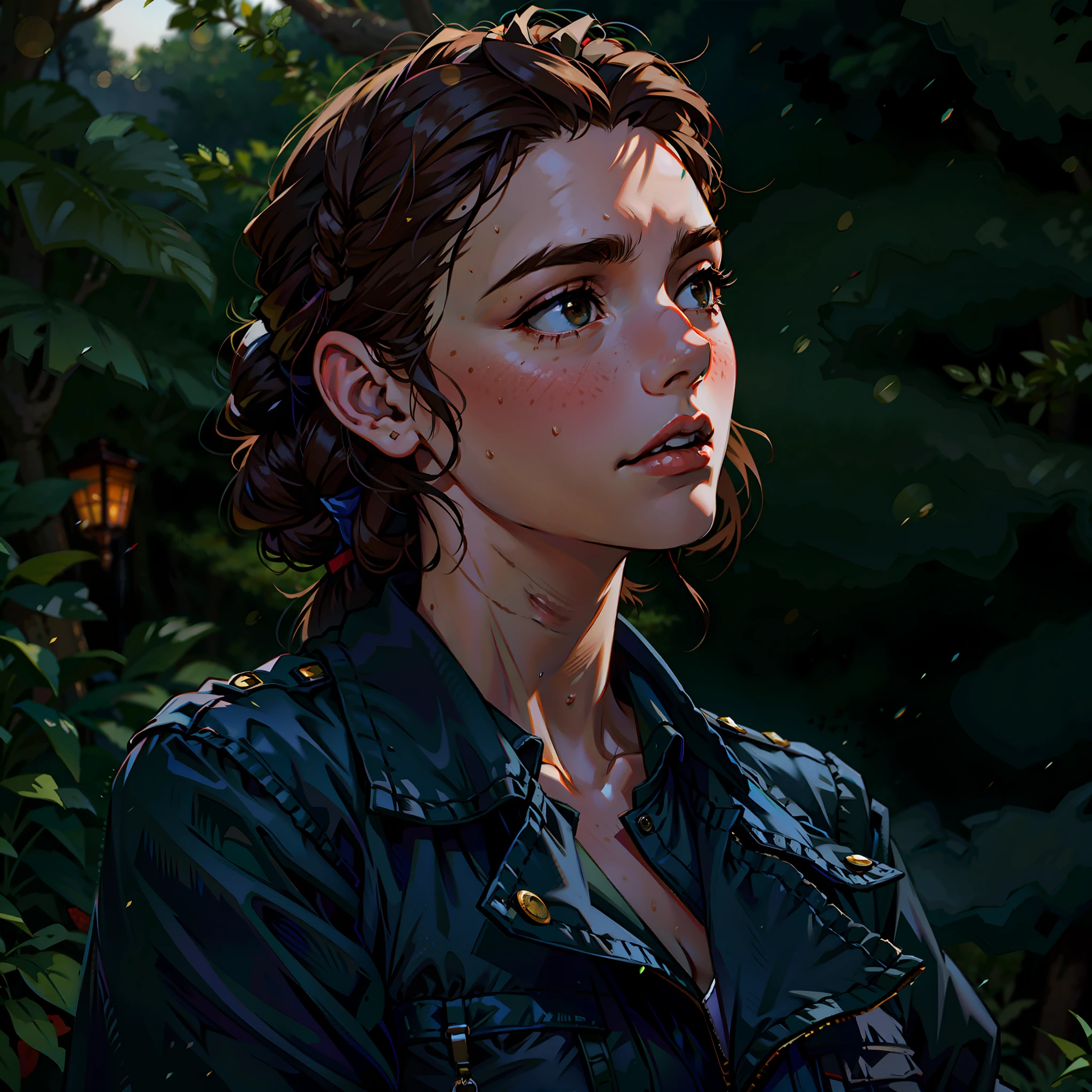 a hyper-realistic portrait of a young woman, under a tree, inside a forest, in the middle of nature, 22 years old, realistic, (lying on her side), sexy, (huge breasts 2:1), short brown hair, (hair tied with bows), curved, SFW