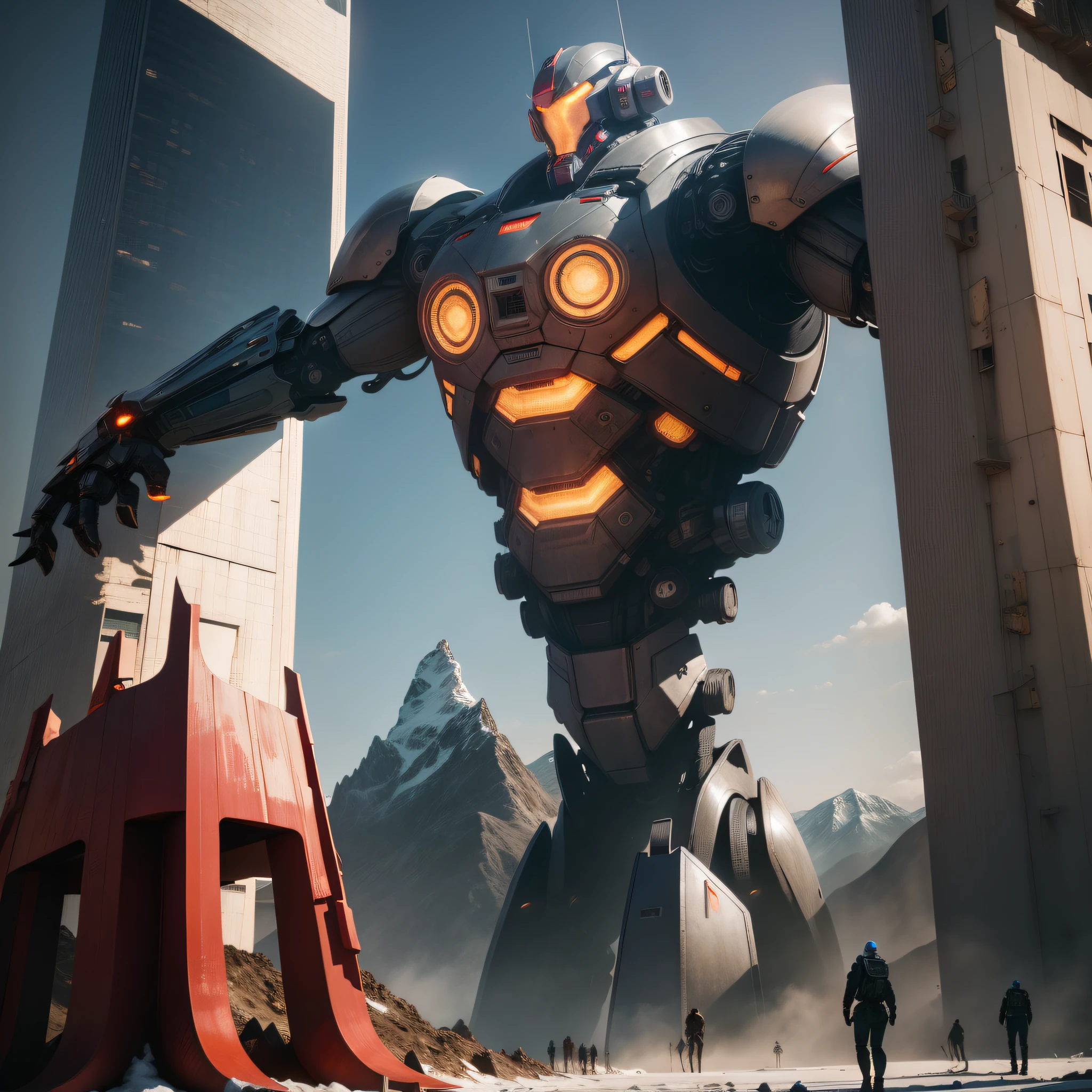 The image begins with an open plan of the majestic mountains in the background, with their snowy peaks standing out against the clear blue sky. The sun shines brightly, casting a golden light over the landscape. Slowly, the camera zooms in on the mountains, revealing the towering figure of a giant robot.
The robot is red and silver, with a metallic sheen that makes it stand out among the natural setting. Its details are complex and sophisticated, with gears and pistons visible on its body. He moves with surprising elegance, looking almost human in his posture.
As the robot descends from the mountains, its impressive size becomes evident. It is as tall as a multi-story building, and its heavy footsteps echo through the landscape. His presence is imposing and at the same time fascinating.
As the robot advances, the metropolis-style city begins to come into view. Modern skyscrapers stretch in all directions, creating a stunning skyline. People on the streets are stunned to witness the imminent arrival of the giant robot. Cars stop, pedestrians point and look up, marveling at the unusual scene.
You can imagine the city preparing for the arrival of the giant robot, with alarms sounding and authorities rushing to evacuate danger areas. Meanwhile, the robot continues to advance, moving with surprising grace to its enormous stature.
This is an exciting and suspenseful vision that blends the grandeur of nature with the impact of advanced technology on a modern city.