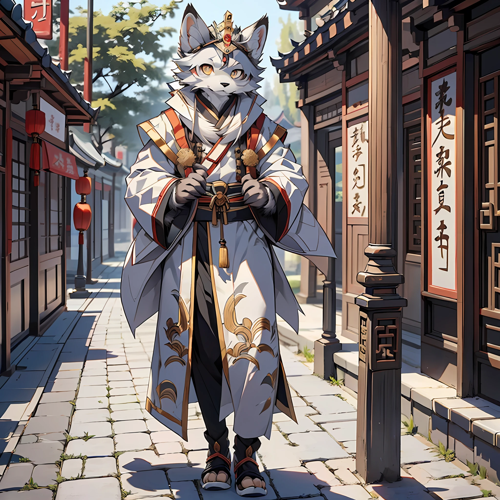 Best Quality), (Masterpiece), ((Single))), (Ultra Detailed), (Furry), Full Body Furry, Furry, (Male Arctic Fox: 1.5), (Gray Skin: 1.3), (Gray Fur: 1.3), (Fluffy Tail: 1.2), Character Focus, (Golden Eyes), (Canine Paws), (Gray Ears), Sharp Focus, (Furry of Animal Ears), Wearing Chinese robes, standing on streets in ancient Chinese style, ancient China, Chinese style