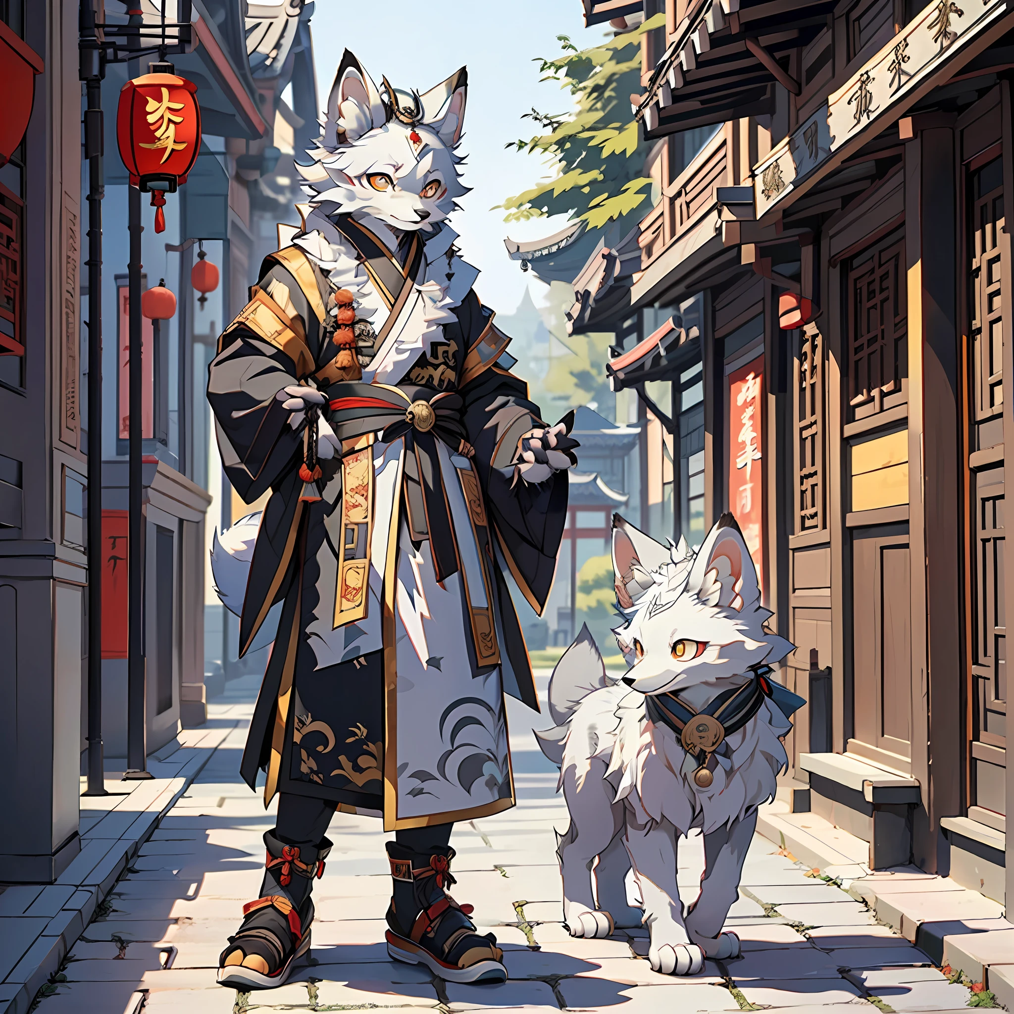 Best Quality), (Masterpiece), ((Single))), (Ultra Detailed), (Furry), Full Body Furry, Furry, (Male Arctic Fox: 1.5), (Gray Skin: 1.3), (Gray Fur: 1.3), (Fluffy Tail: 1.2), Character Focus, (Golden Eyes), (Canine Paws), (Gray Ears), Sharp Focus, (Furry of Animal Ears), Wearing Chinese robes, standing on streets in ancient Chinese style, ancient China, Chinese style
