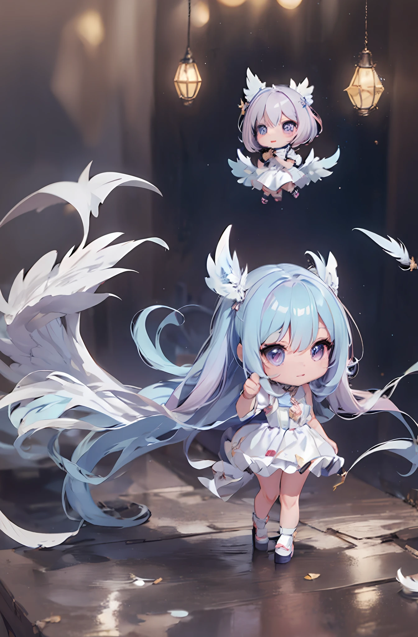 1 anime angel doll, (Chibi: 1.2), 8K high quality detail art, white feathers on the back, light purple hair, gradient, twinkle, style as Nendoroid, stylized anime, anime style 4K, cute detailed digital art, Guweiz style artwork, 8K octar rendering photos, advanced digital chibi art, Cute 3d render, anime style, light, glow