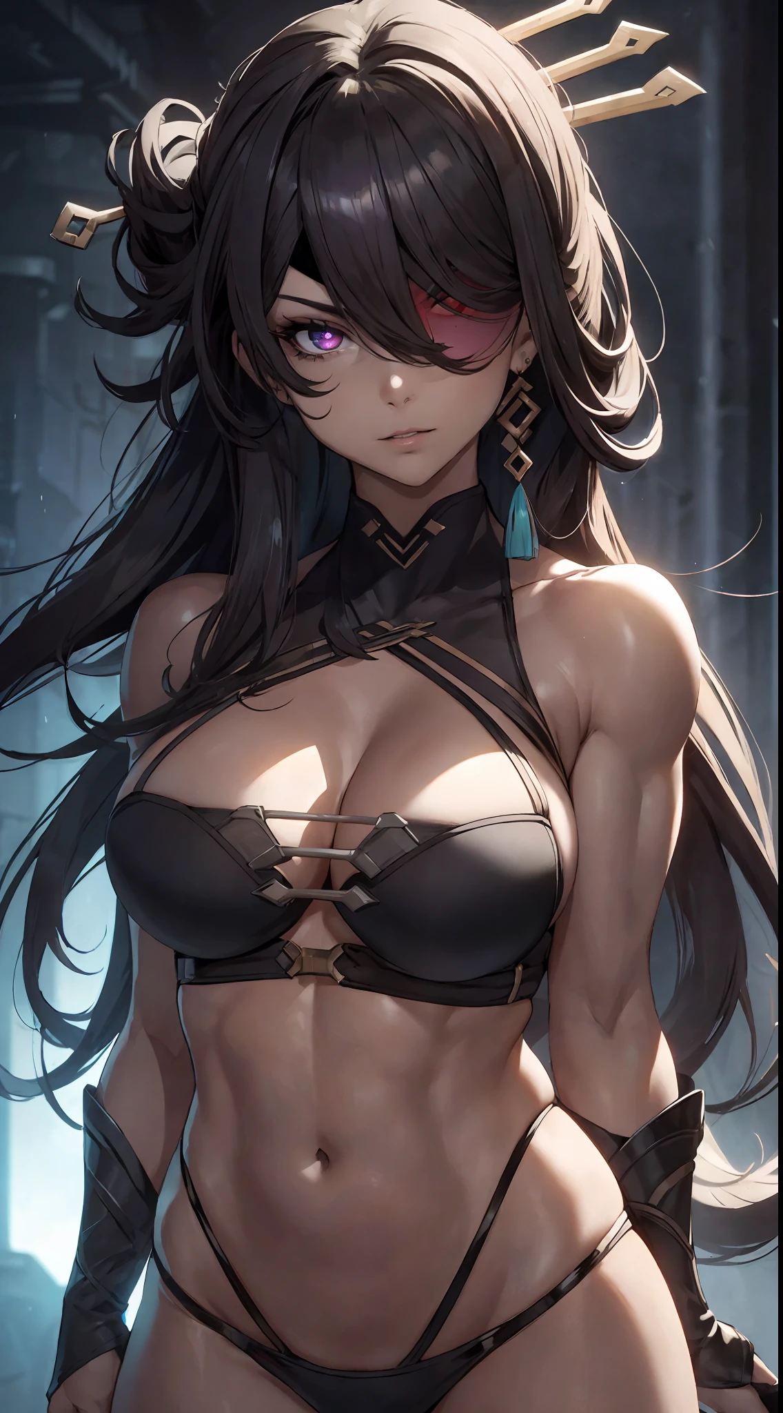 16K, RTX, HDR, raytracing, chiaroscuro, extremely high details and intricate design, professional makeup, closeup shot, ((best quality, masterpiece)), night time, ((1woman, solo, mature, cool, edgy, muscular, sexy micro bikini top, highly detailed glowing eyes, long hair, smooth shiny skin, big boobs, cleavage), one eyed patch, ((extremely slutty)).