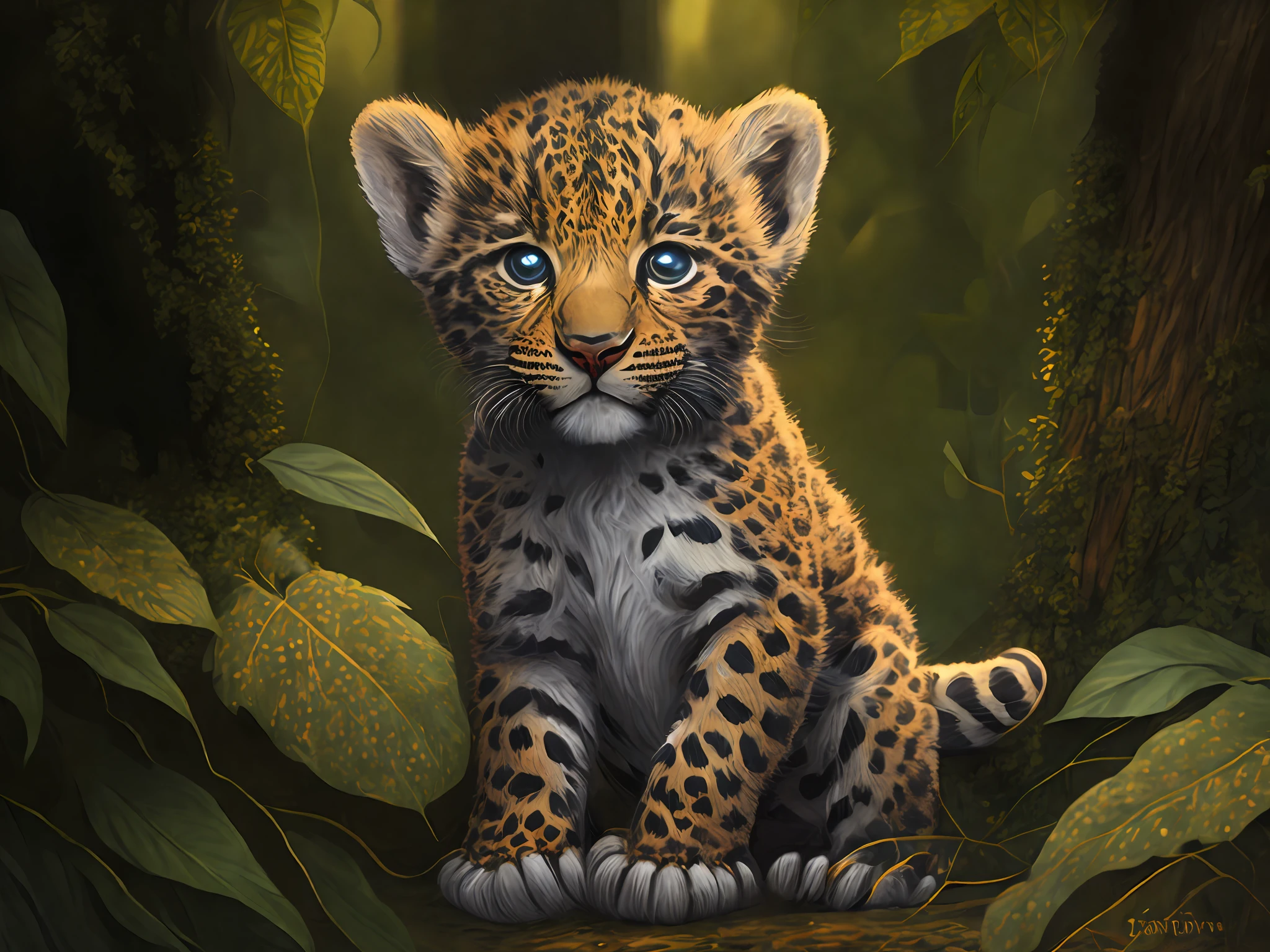 Cute leopard cub in the forest, by Tim Okamura, Victor Nizovtsev, Greg Rutkowski, Noah Bradley, trending on Artstation, 8k, masterpiece, graffiti paint, fine detail, full of color, intricate detail, golden ratio illustration
