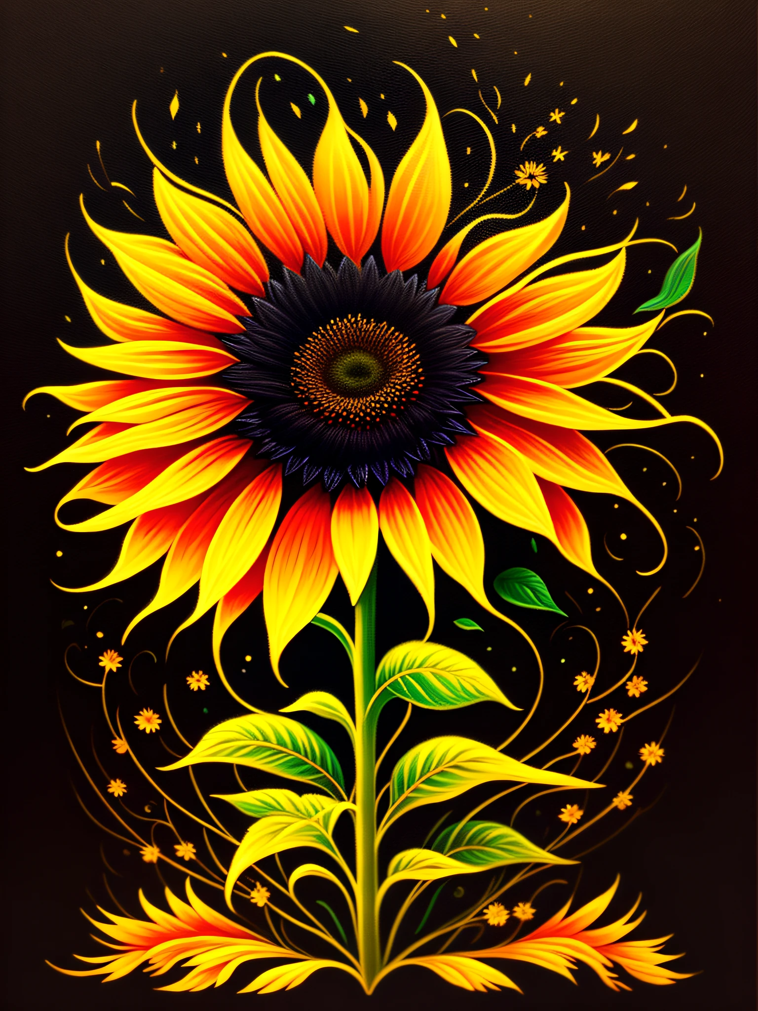 a painting of a colorful sunflower on a black background, , breathtaking rendering, within a radiant connection, inspired by Kinuko Y. Craft,, magical elements, sunflower icon, wow, is gorgeous, casting a multi colorful spell, bright flash, flash