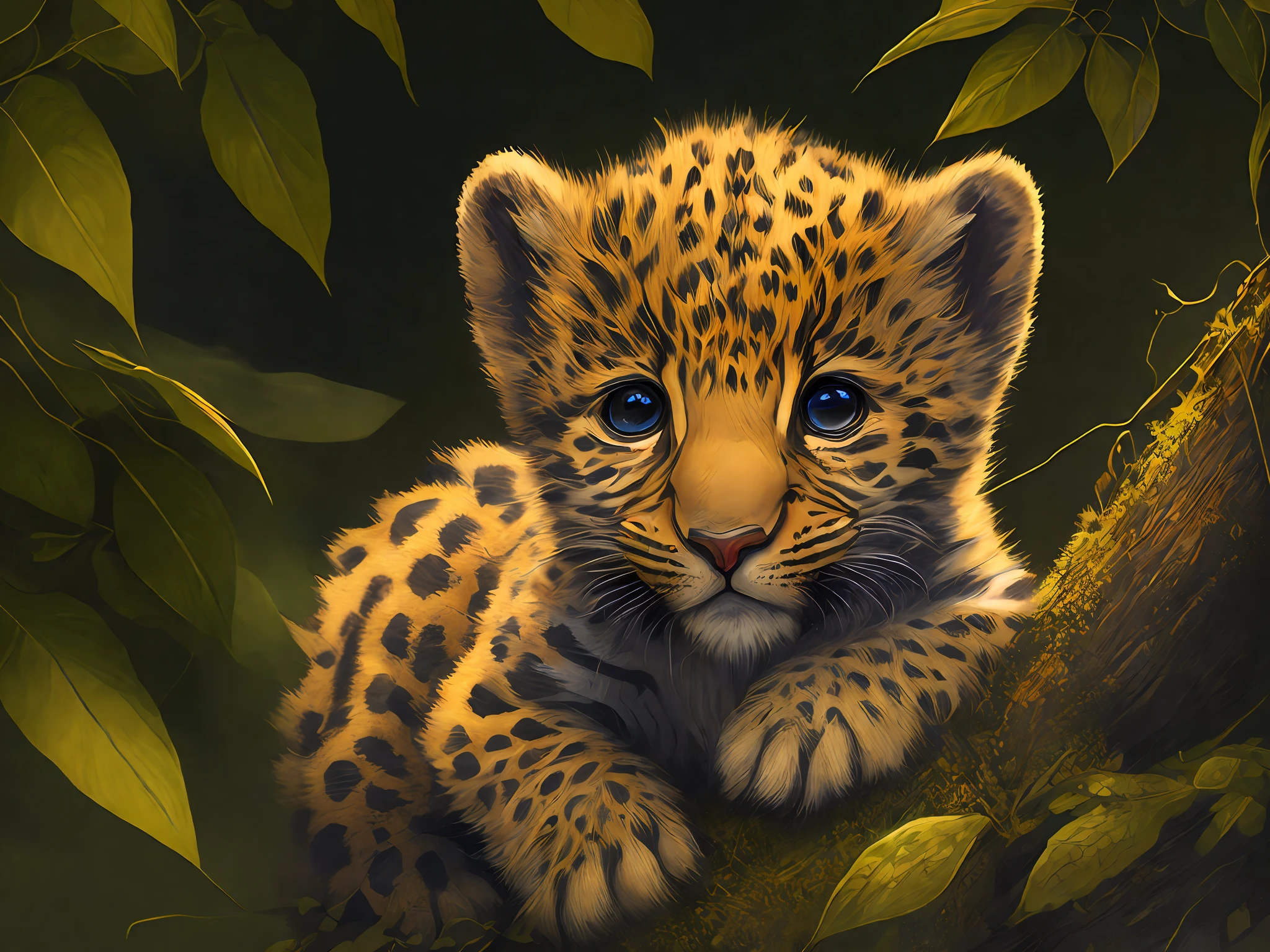 Cute leopard cub in the forest, by Tim Okamura, Victor Nizovtsev, Greg Rutkowski, Noah Bradley, trending on Artstation, 8k, masterpiece, graffiti paint, fine detail, full of color, intricate detail, golden ratio illustration