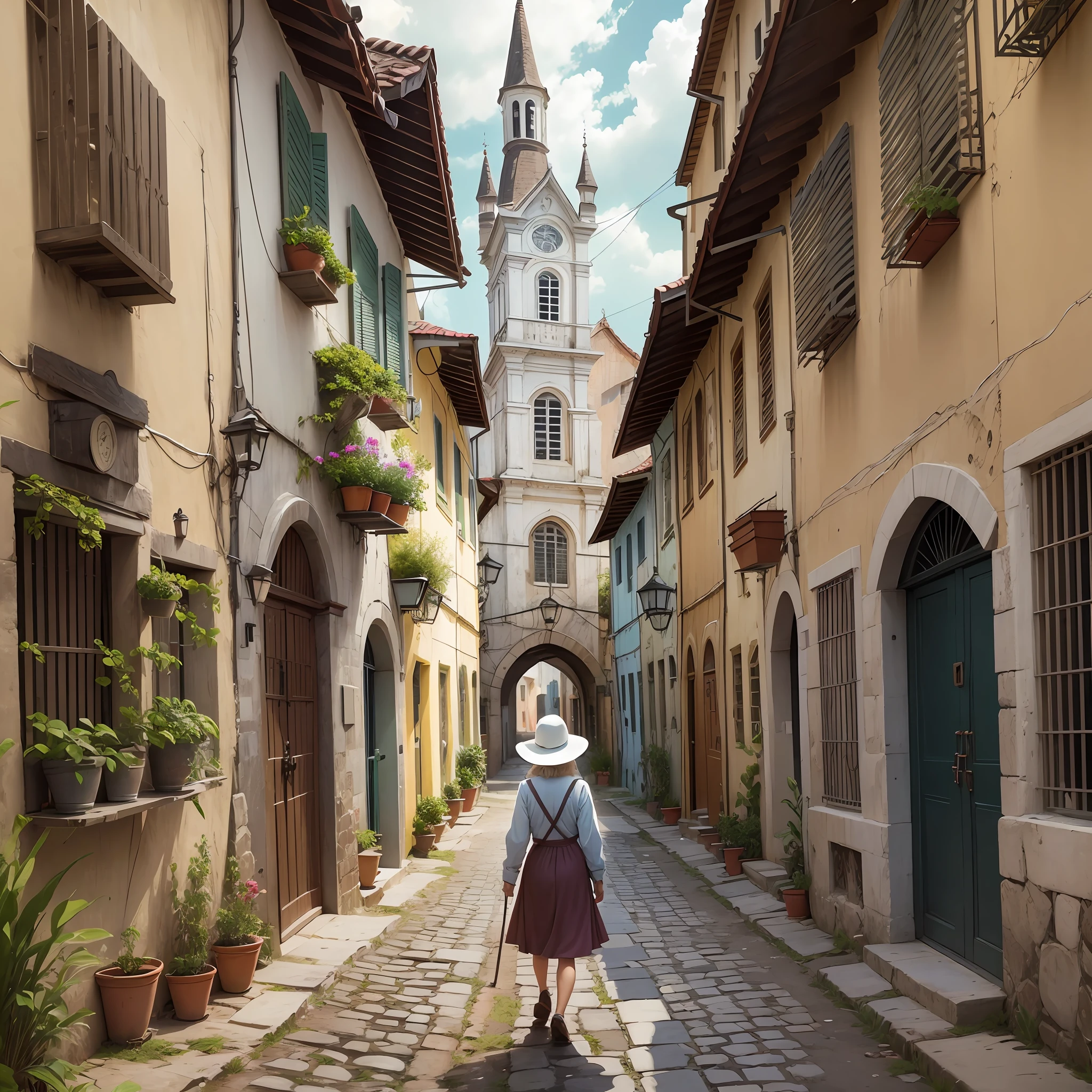 Create a charming engraving depicting an elderly lady on a narrow street in a country town. The little lady must be in a simple skirt and blouse, and I wish she was looking at the church at the end of the street, conveying a sense of respect and serenity. The street should be surrounded by simple colonial-style houses, exuding a welcoming atmosphere. Please capture all the picturesque details of this scene, such as narrow street, simple clothes, very simple old woman and a church. Create the engraving as an interior environment of a city in Minas Gerais, Brazil. --auto --s2