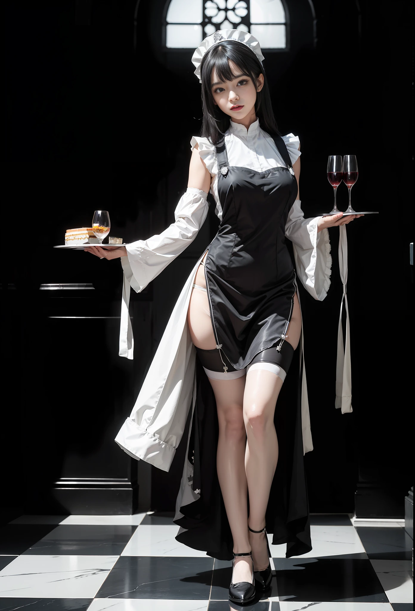 Roman hall, black and white tiles, reflective floor, 1 15-year-old girl, black and white maid outfit, white headdress, cute outfit, suspender stockings, character focus, Tyndall effect, cinematic lighting, looking at the camera, standing, tray, silver wine glass, red wine,
