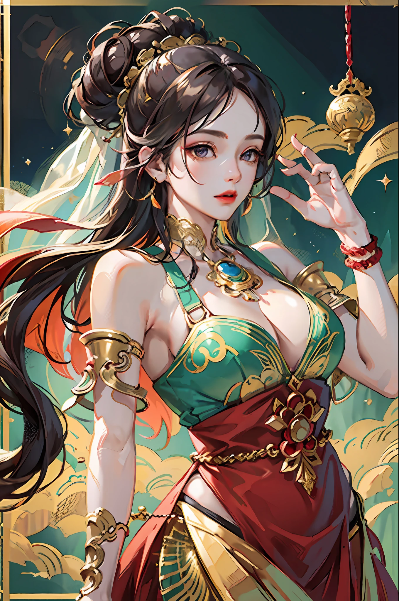 (Masterpiece: 1.2, Best Quality), (Very Detailed Face, Real Pictures, Realistic Skin, Realistic Body, Intricate Details), (High Quality), (Watercolor: 1.3), Pretty Girl, Veil, Black Hair, Bun All Coiled High, Green-Gold-Purple Blouse, Fringed and Gold Ornaments, Wide Armband with Gold Pattern on the Arm, Red Silk with Armband, Flying in the Wind, Red and Yellow Long Dress Embroidered with Colorful Patterns, Gorgeous Belt Made of Various Gold Ornaments and Tassel Gemstones, Decoration, Dunhuang Style, Dunhuang Mogao Grottoes, Watercolor Style