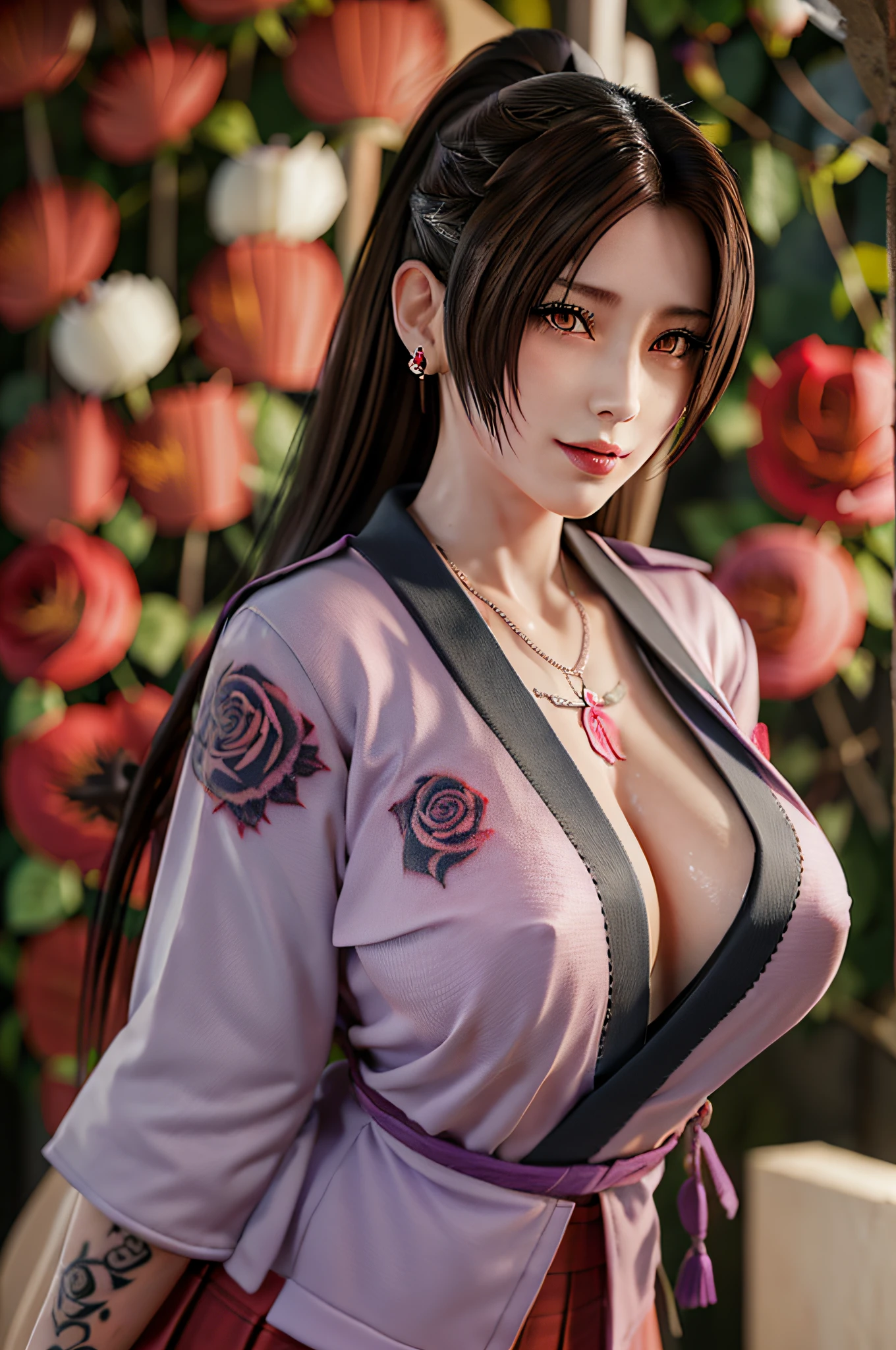 Full body, (solo:0.9), MaiShiranui,Hands on breasts,(Japanese high school uniform:1.5), wristband, earrings, cross necklace, bangs, black hair, blunt bangs, ( gigantic breasts:1.4), lips, long hair, moles under the mouth, purple eyes, slightly dilated lips, smile, wet skin, Wet hair, shame,Standing amidst the falling cherry blossoms,(rose_tattoos:1.5), (masterpiece: 1.4), (best quality: 1.4), real-life portrait photography, looking at the viewer,Center,