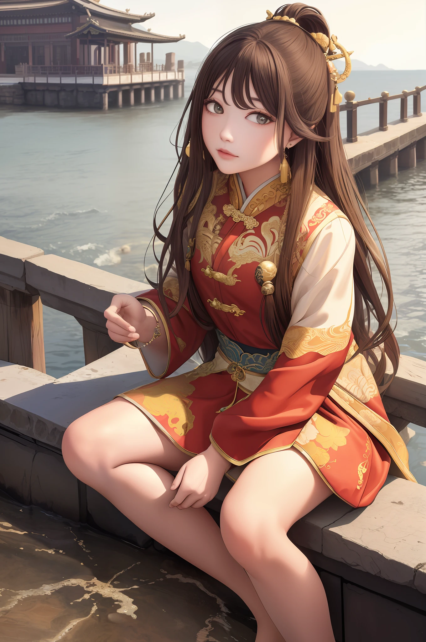 upper body, oil painting, masterpiece, superlative, high resolution, long brown hair, jewelry hairpin, riverside and rock or temple or bridge, extreme suit, sitting posture, (Song dynasty, Song costume: 1.2),