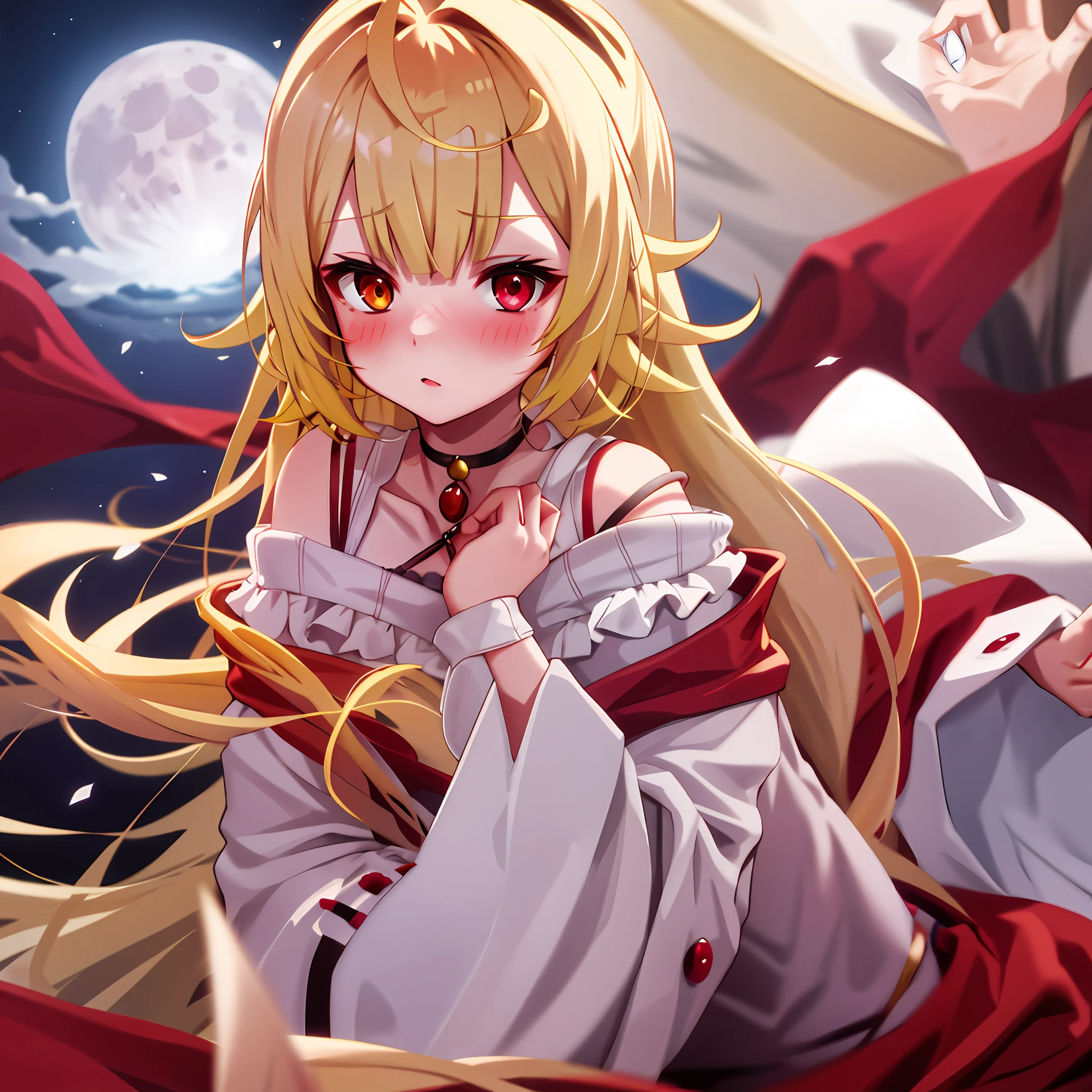 Blonde, red eyes, vampire girl alone, moon on background, sexy, blush, off-shoulder