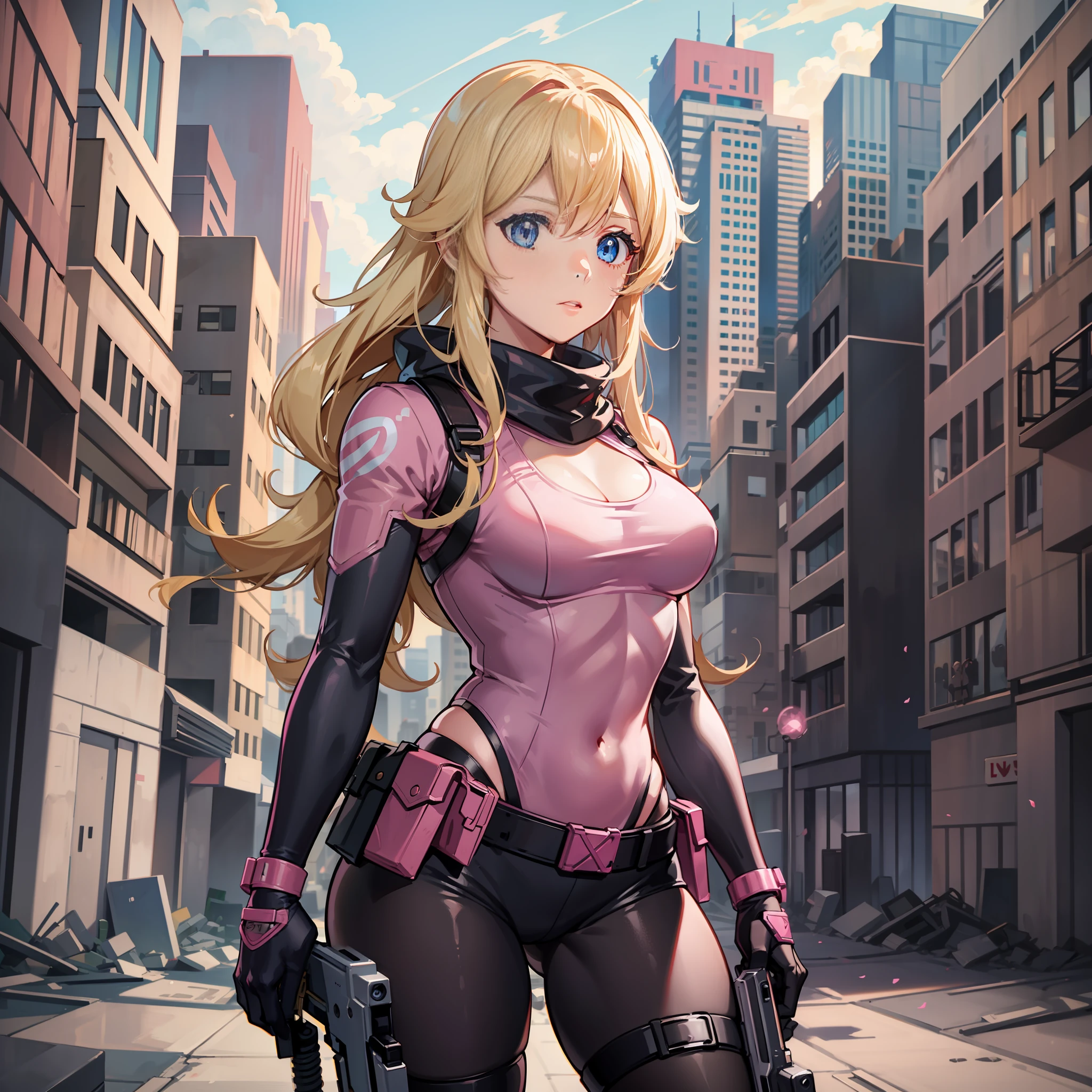 A woman, pink army outfit, athletic body, holding a gun, short clothes, blonde hair, blue eyes, long hair, in an apocalyptic city, deserted, destroyed city, princess peach