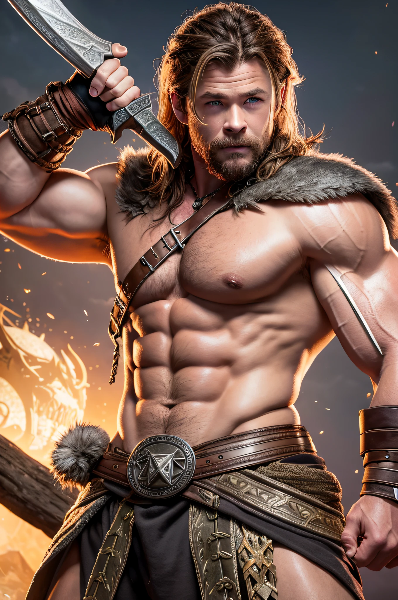 Chris Hemsworth as a barbarian from dungeons and dragons, lean muscles, DnD, in the style of realistic and hyper-detailed renderings,dungeons and dragons, 8k, detailed eyes, perfect eyes, epic , dramatic , fantastical, full body , intricate design and details, dramatic lighting, hyperrealism, photorealistic, cinematic, 8k, detailed face, Dramatic photo,epic photo, whole body,barbarian,