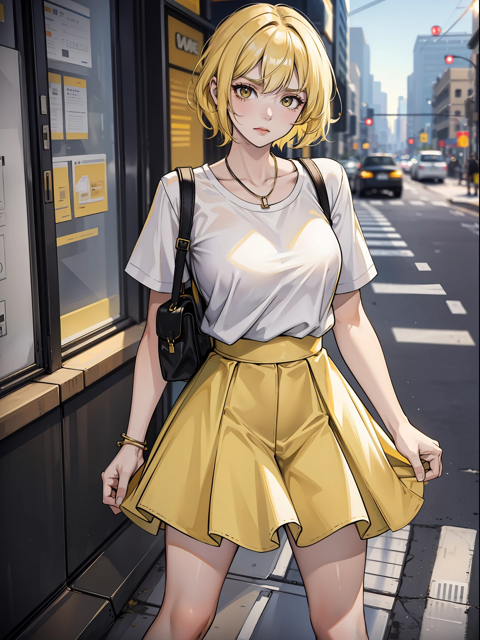 Short yellow hair, woman, white clothes, full yellow short skirt, angry, urban, roadside