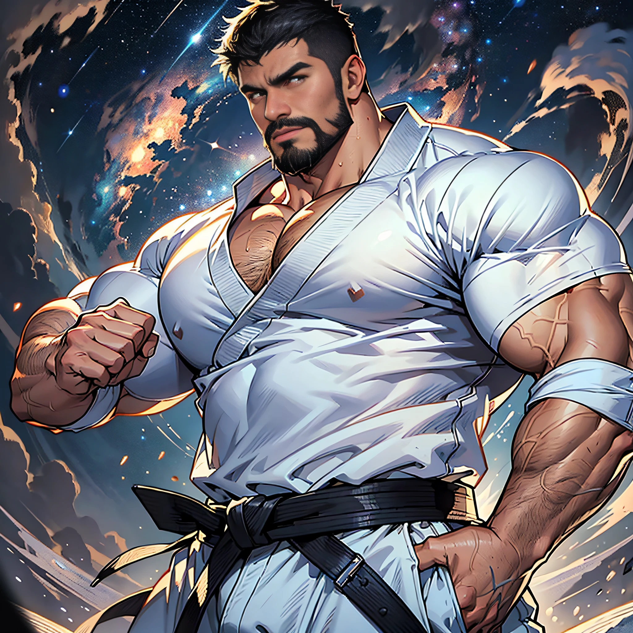 best quality, masterpiece, super high resolution, detailed background, realism, Illustrations, single, 1 boy, muscle, volumetric lighting, depth of field, facial hair, ryu, white clothes, black belt, light particles, bulge, starry sky, fighting stance, sweating, short hair, torn clothes, burly, big man