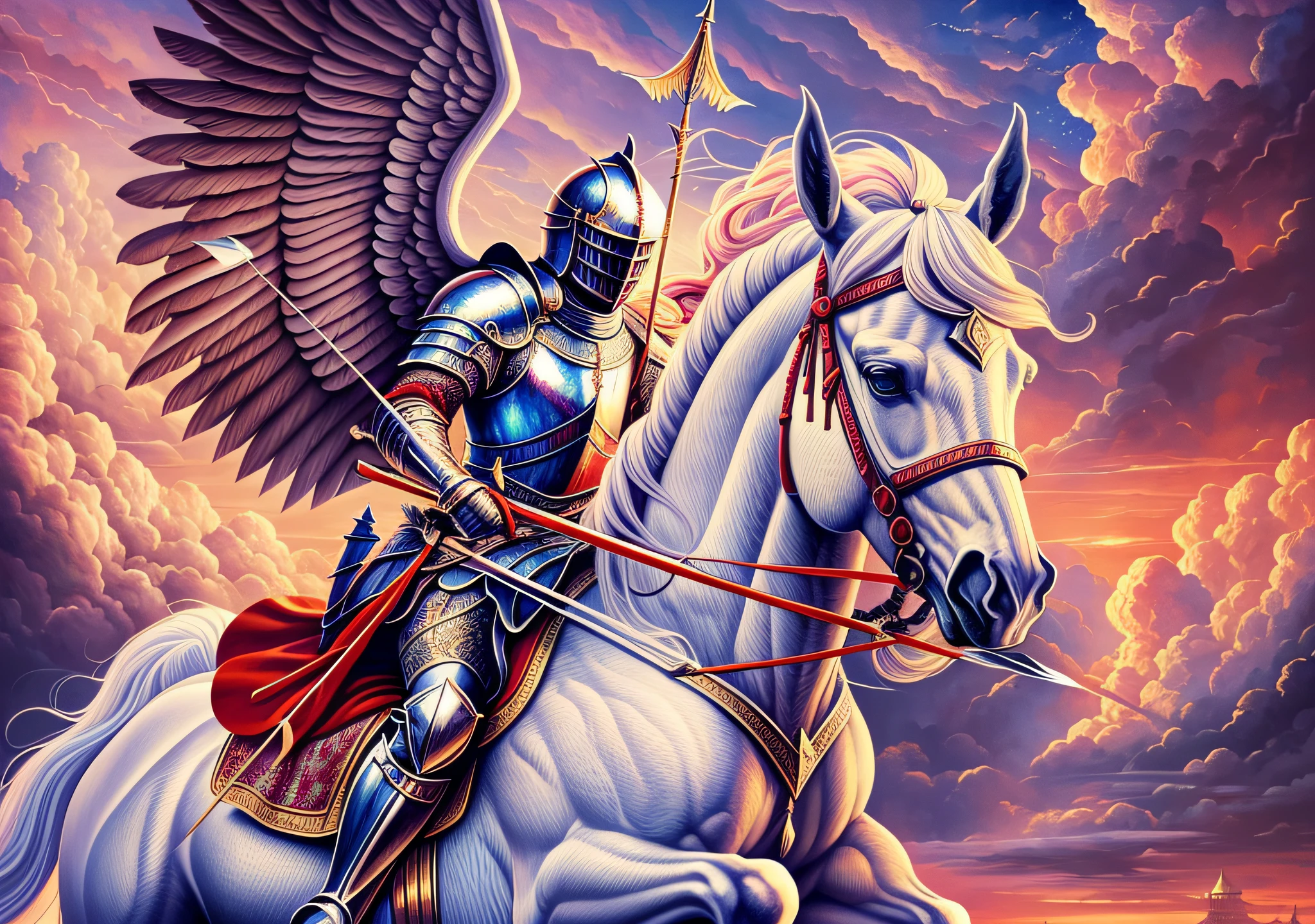 realism, best detail, super detailed, best quality, surreal quality, position right side of image, a knight with wings holding bow and arrow, mounted on a white horse with wings, image background red clouds, hdr, uhd, 64k, by Paul Francis