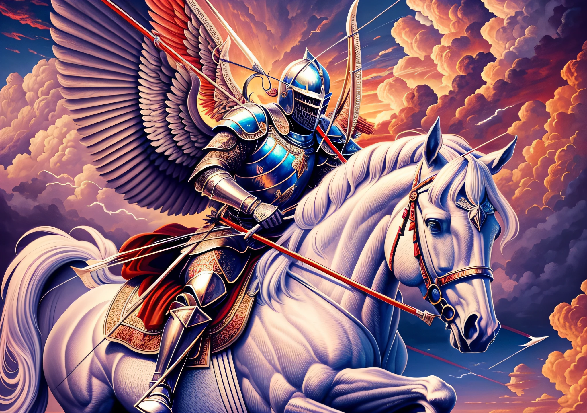 realism, best detail, super detailed, best quality, surreal quality, position right side of image, a knight with wings holding bow and arrow, mounted on a white horse with wings, image background red clouds, hdr, uhd, 64k, by Paul Francis