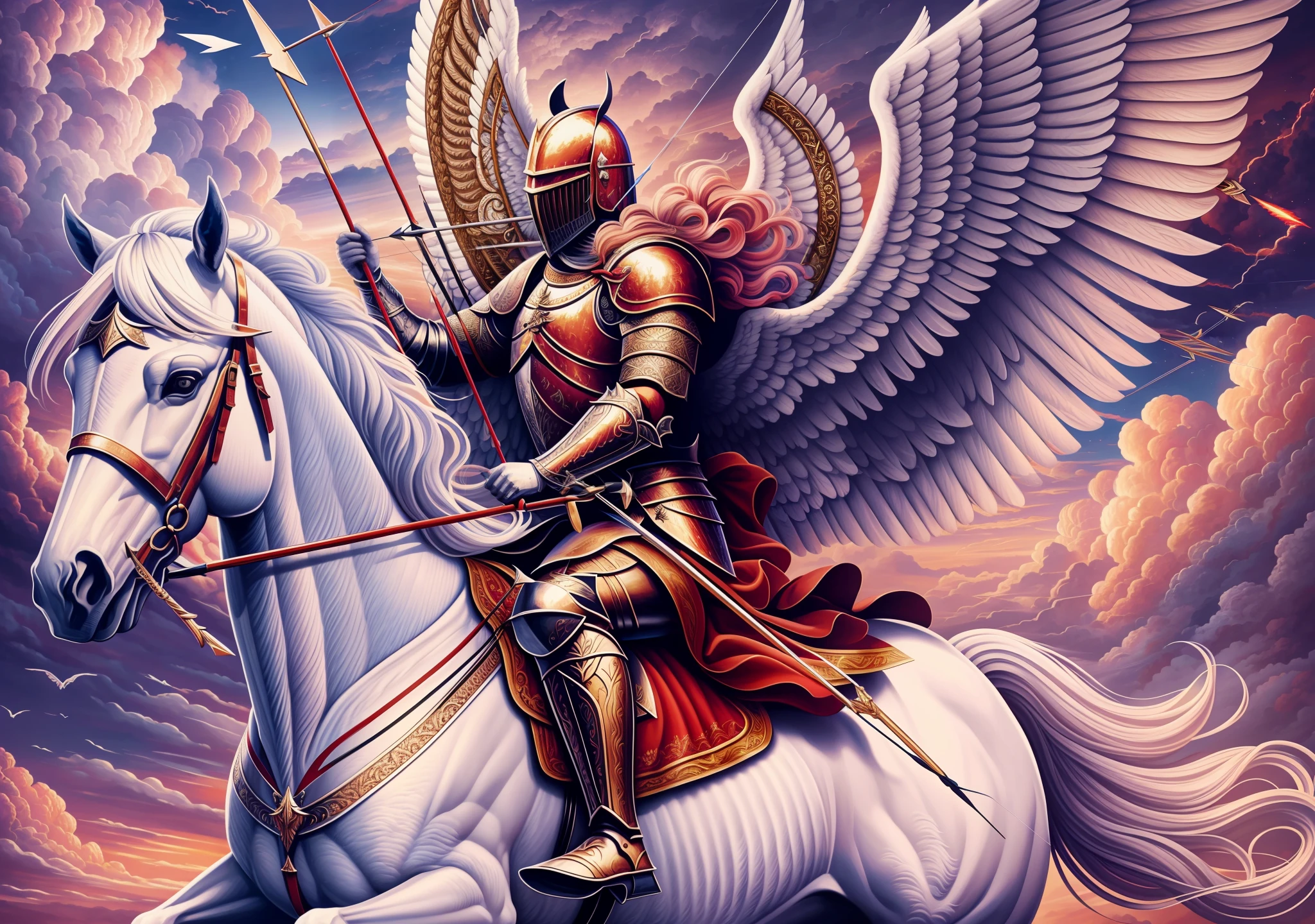 realism, best detail, super detailed, best quality, surreal quality, position right side of image, a knight with wings holding bow and arrow, mounted on a white horse with wings, image background red clouds, hdr, uhd, 64k, by Paul Francis