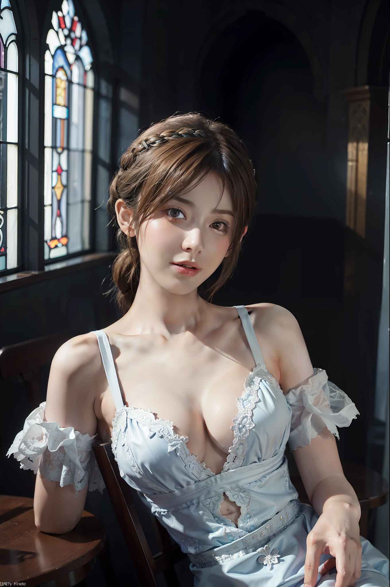 Hyperrealist portrait of female by david hockney and alphonse mucha,fantasy art, photo realistic, dynamic lighting, artstation, poster, volumetric lighting, very detailed faces, 4 k, award winning,, 1girl, in chapel, low key,cowboy shot,(silver lace brassiere) ,chignon blonde hair,