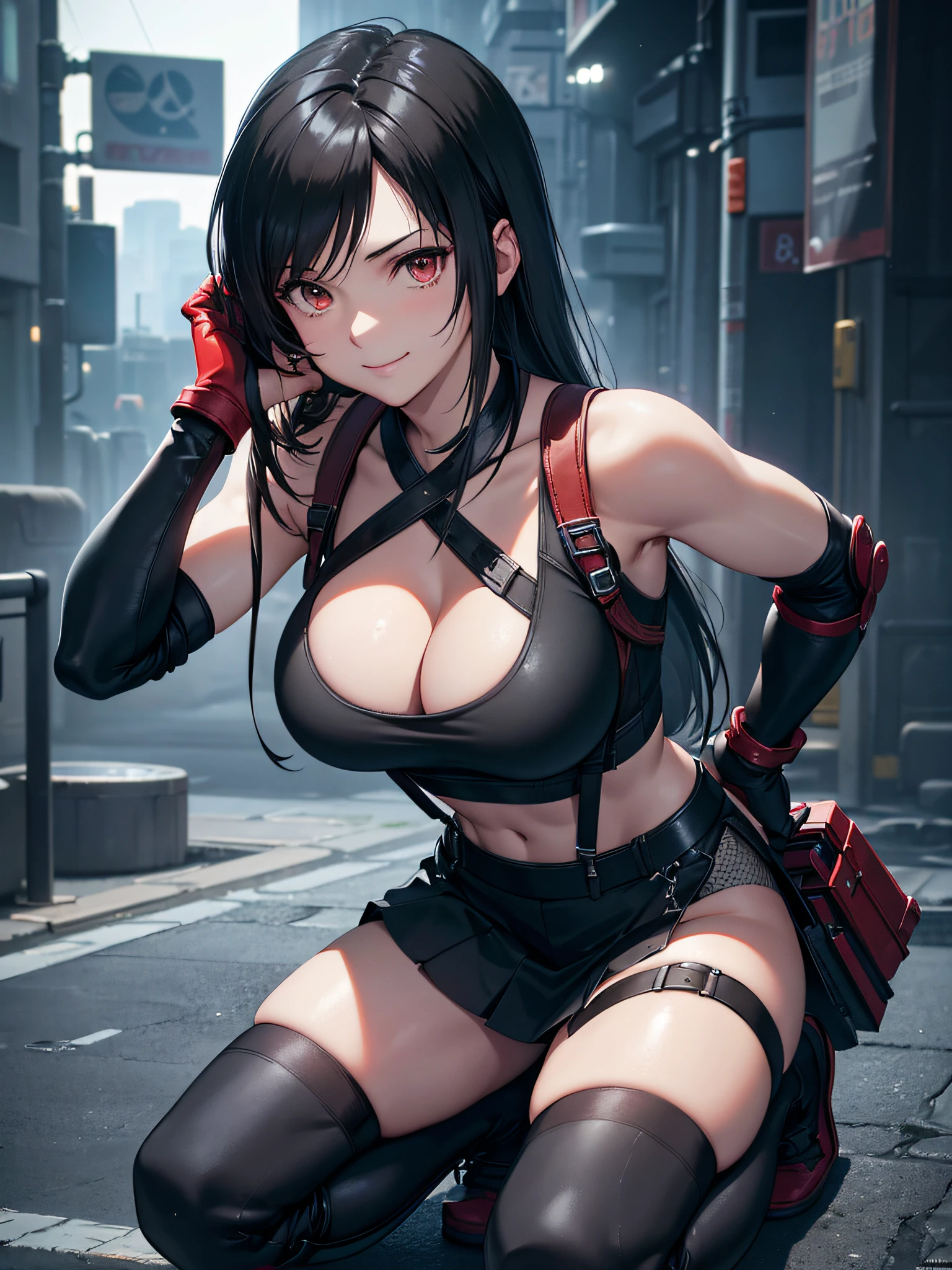 (8K, Best Quality, Masterpiece: 1.2), (Realistic, Photorealistic: 1.37), Super Detail, One Girl, Cute, Solo, (Tifa Lockhart), (Big Breasts), (Beautiful Eyes), (Smile: 1.2), Closed, Model Pose, (Green Neon), Cityscape, Depth of Field, Dark Strong Shadows, Sharp Focus, Motion Blur, Depth of Field, composition, , Final Fantasy VII, (nose brush), single elbow pads, ankle boots, black hair, red boots, elbow gloves, elbow pads, fingerless gloves, sports bra, black skirt (suspenders), white tank top: 1.5, full body, headrest, beauty face, low tie long hair, (red_eyes), (night: 1.5), complex, Cinematic Lighting, Photon Mapping, Radiosity, Physically Based Rendering, (Tetsuya Nomura style), Perfect Breast, Cleavage: 1.2,