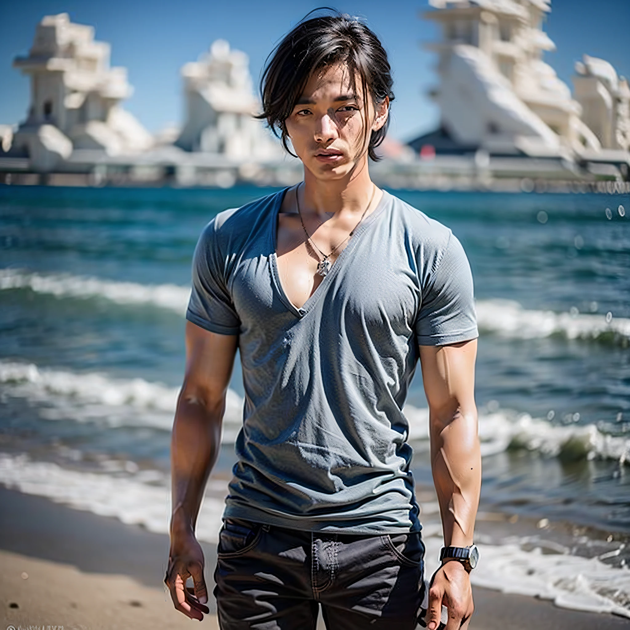 Handsome boy avatar with seaside background