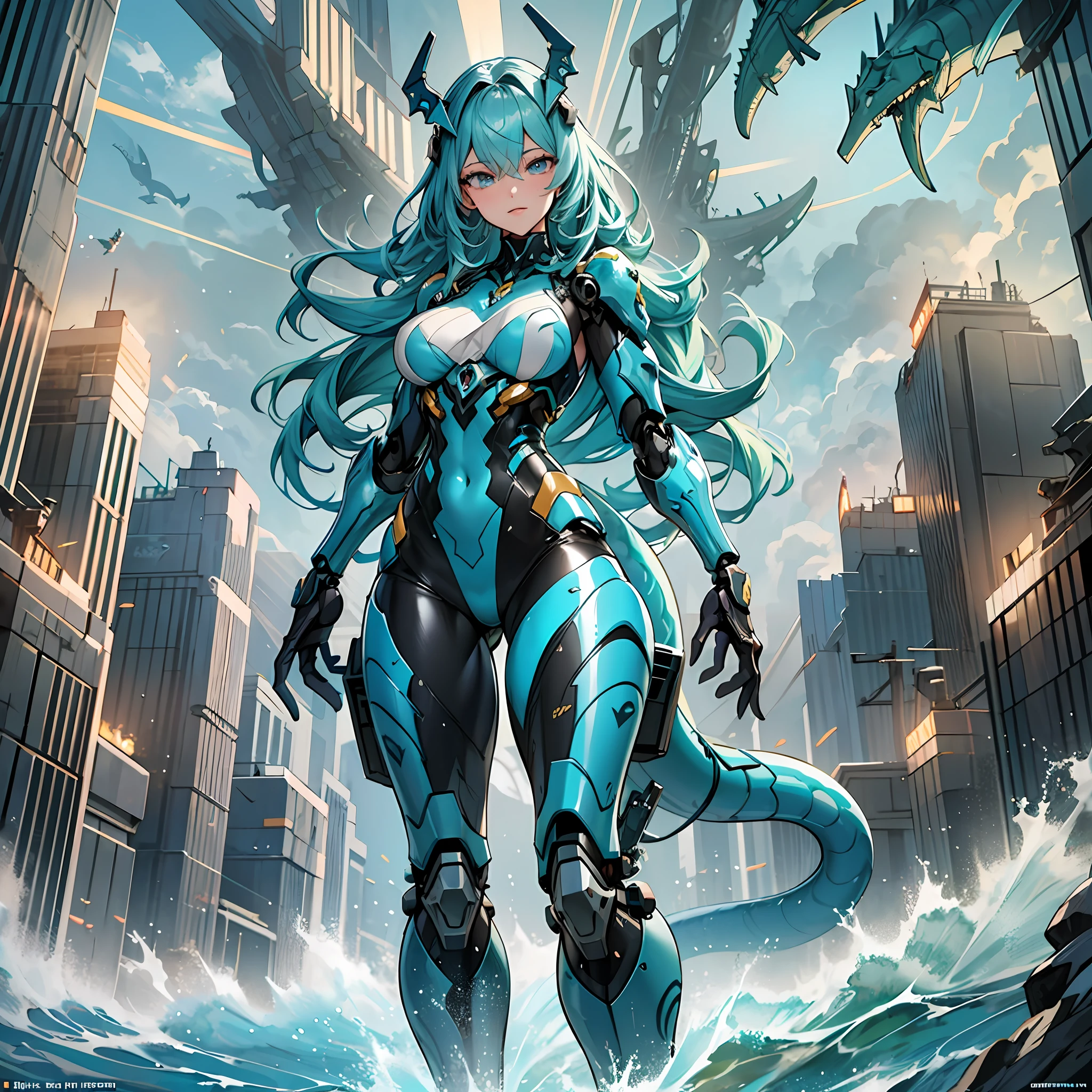 Woman in costume in the color of sea serpent, best anime 4K wallpaper, full body, cyberpunk sea serpent, mechanized valkyrie girl, biomechanical, highly detailed artgerm based on sea serpent, cyborg sea serpent, anime style 4k, sea serpent