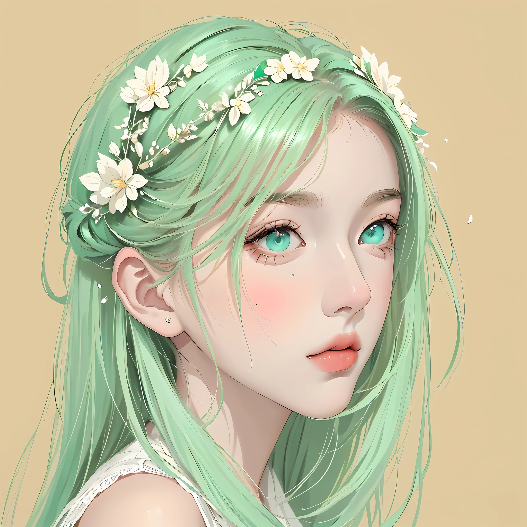 Masterpiece, best quality, an extremely delicate beautiful girl, super detailed, highly detailed, best quality, a girl with mint hair, beautiful mint eyes, high resolution, very detailed, 1girl, best quality, looking at the viewer, impasto, realism, real, white background