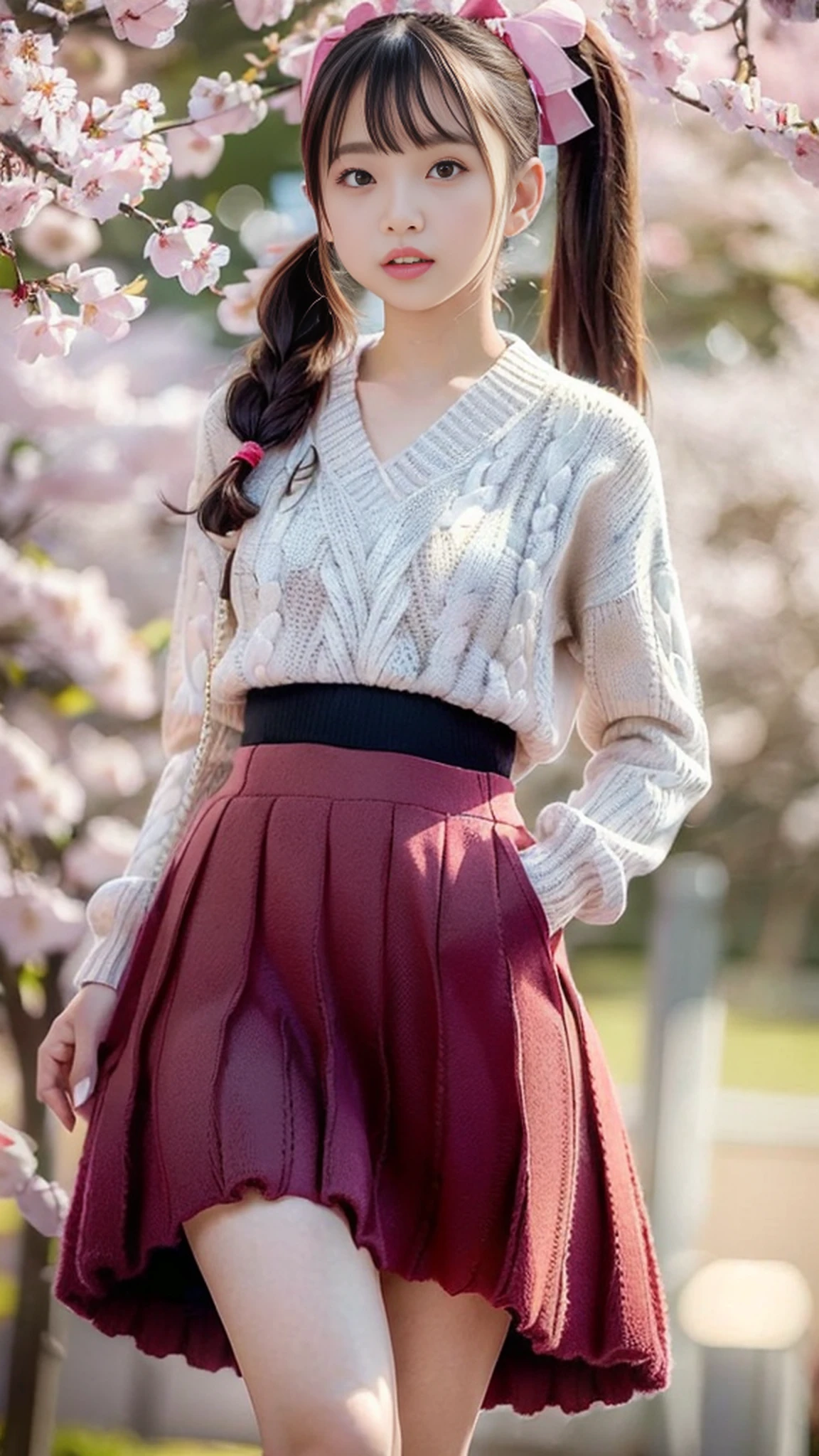 (((low angle))),((((showing me panties))))), thigh gap, ((photorealistic)),(Slim)),((AKB 48)),(Full body photo))), ((sunset in background))),((Cherry blossoms in the background)),(19 years old)),(Small bust))))), (Wearing a hat deeply))( Long skirt))), ((((Spring sweater)))), (((Photorealism: 6, Realistic)))), (((Sideways and turning around pose))),Perfect lower body shape,((Upside ponytail))), (Ribbon),((Has scrunchies on wrists)),Hair ornaments, small waist