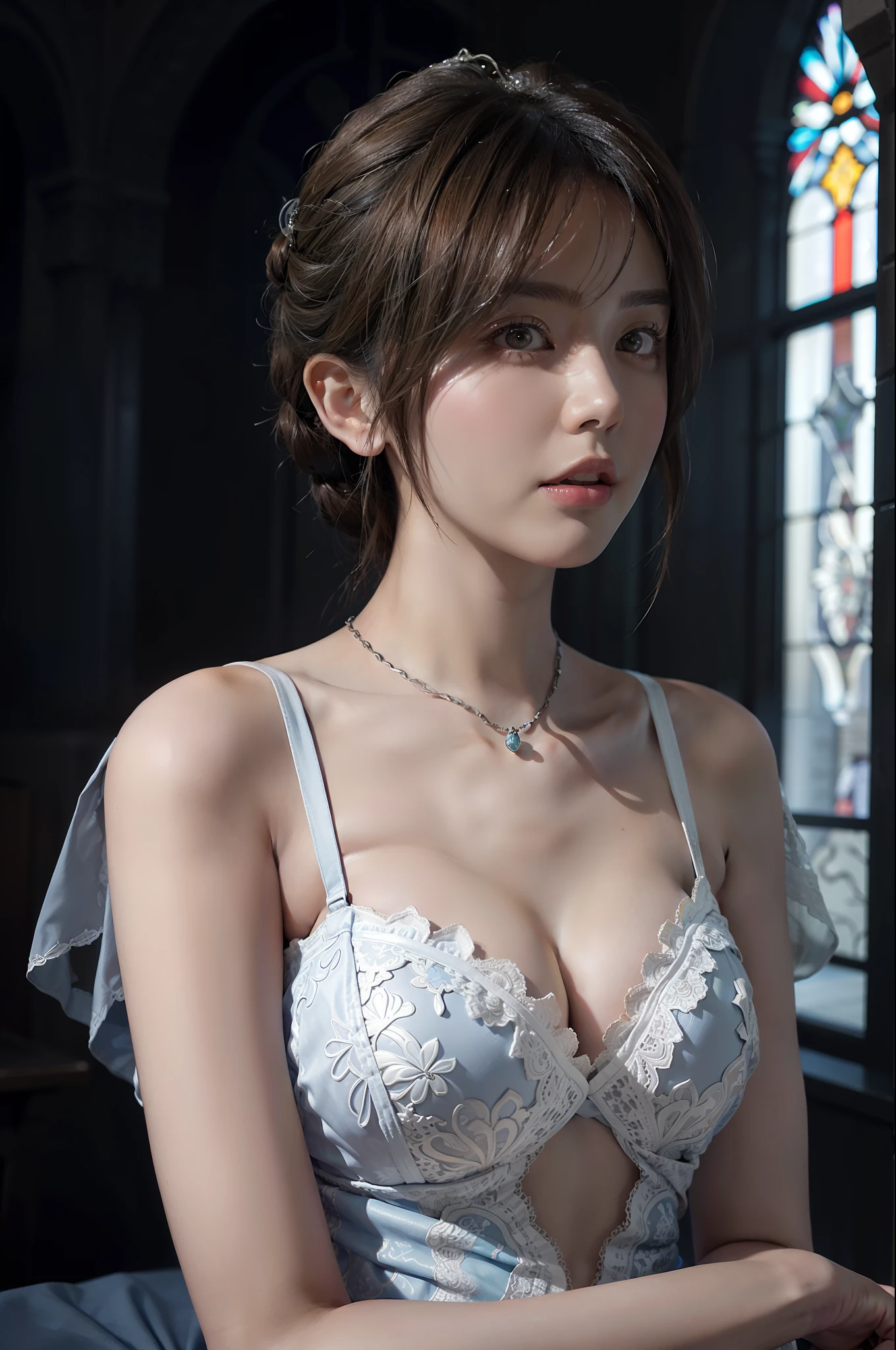 Hyperrealist portrait of female by david hockney and alphonse mucha,fantasy art, photo realistic, dynamic lighting, artstation, poster, volumetric lighting, very detailed faces, 4 k, award winning,, 1girl, in chapel, low key,cowboy shot,(silver lace brassiere) ,chignon blonde hair,
