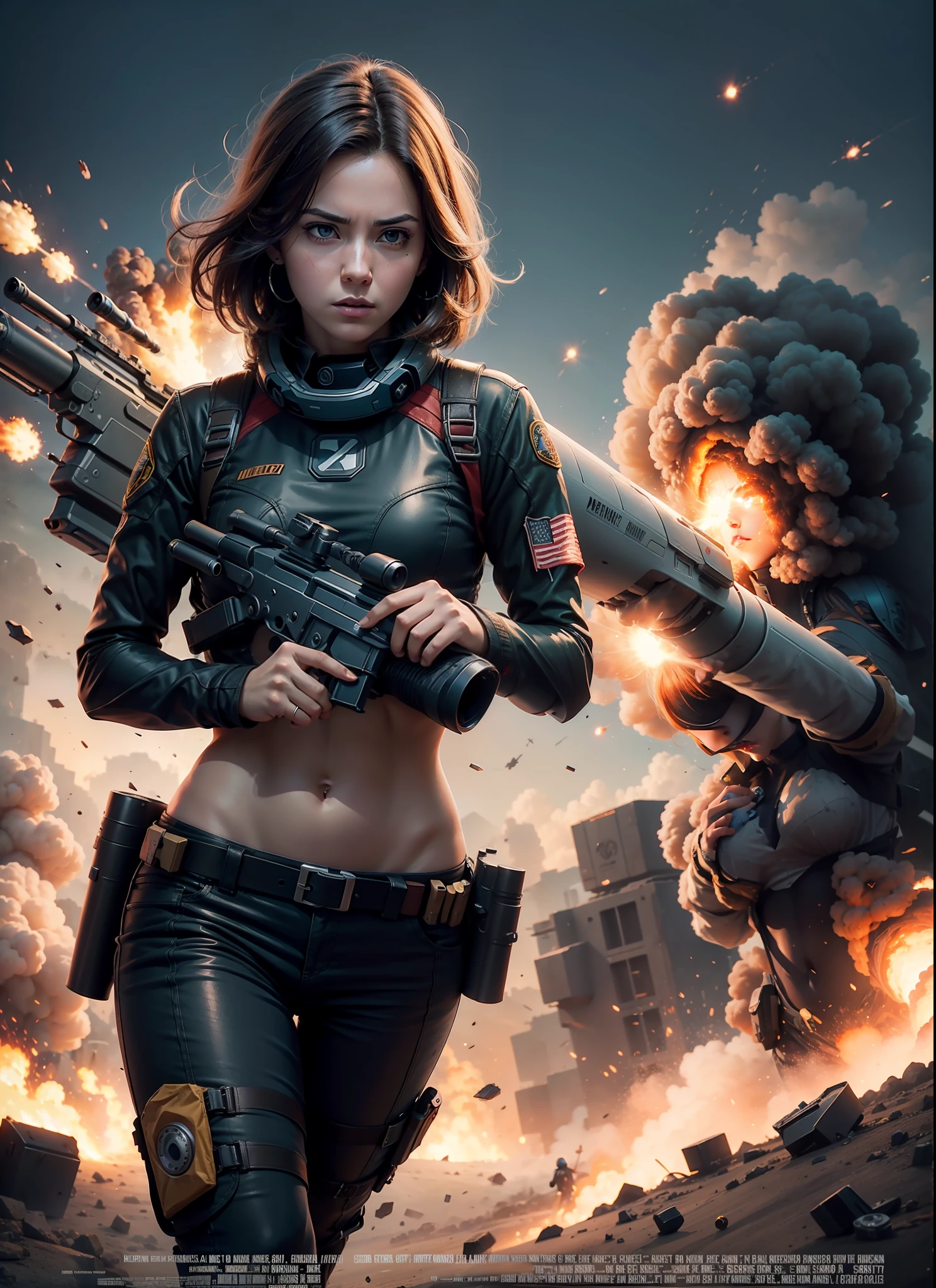 Medium Chest Sci-Fi Woman With Gun, Explosions Behind, Movie Poster