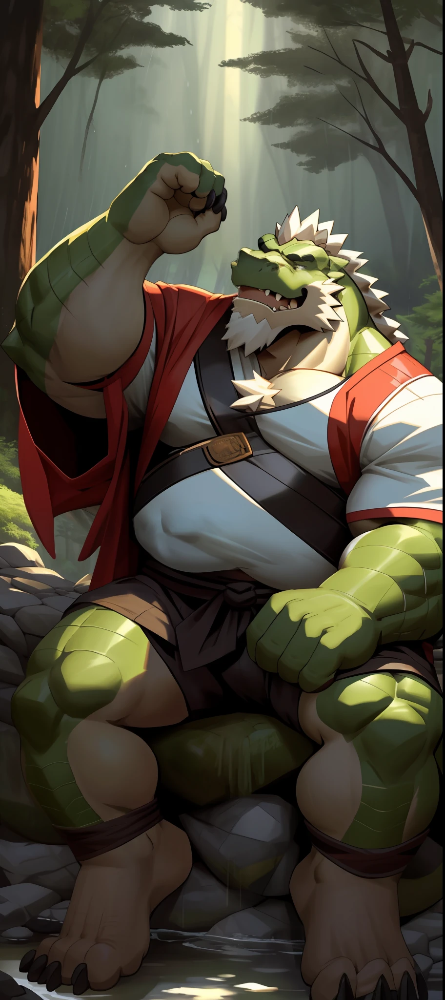 Wallpaper 8K, anthro, male, old chubby alligator, Old man, detailed eyes, detailed clothing, fat, big fat. overweight, white beard, Samurai clothes, sad, forest background raining, sitting on big rock (wild_long_Beard), (long_dragon_mustache),