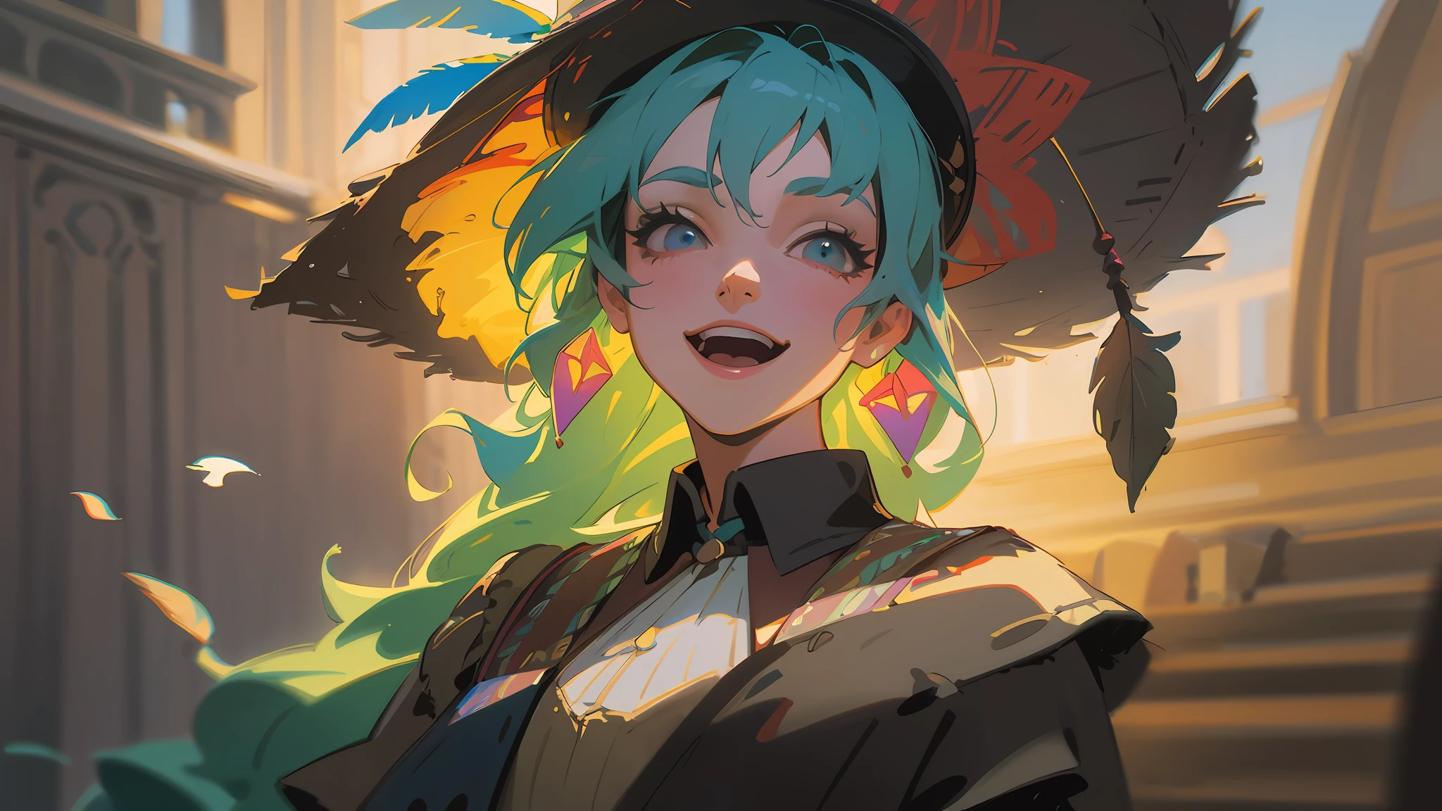 dynamic scene. City. 1100s. Don Juan in a hat with feathers amuses a beautiful young Spanish gypsy. Cheerful environment. Both laugh. Large portrait. Pastel muted primary colors. Moire haze. Super realistic, cinematic. Disney Pixar cartoon style. Blurred dark night fantasy background. 8K --auto --s2