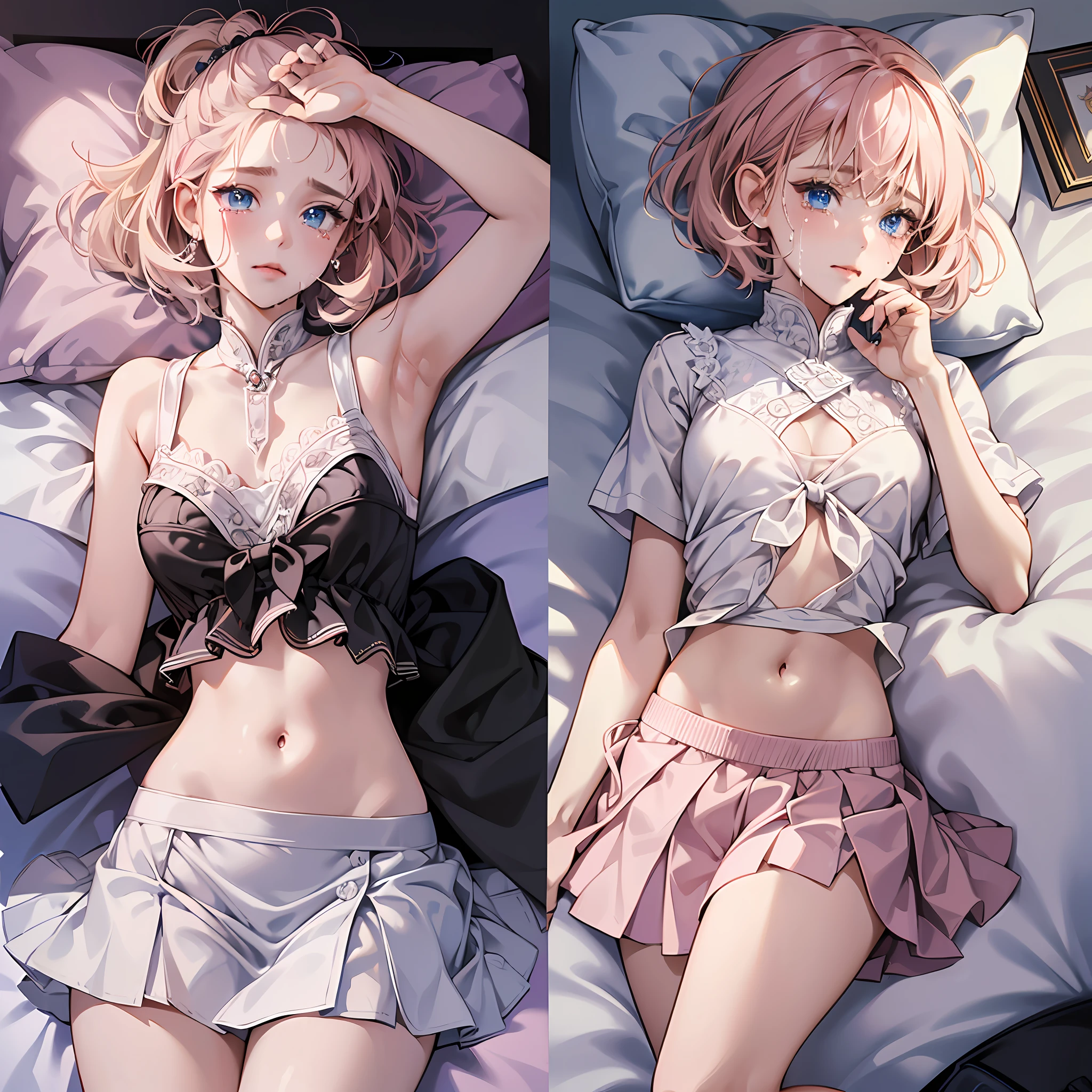 [(Top Quality, Masterpiece, Intricate Detail: 1.3):0.2], Real and Detailed Skin, POV View, Viewer View, (From Top: 1.2), (On the Bed), (Lying in Bed: 1.2), 1 Girl, White Skin, (Anxiety, Crying, Tears: 1.25), (Slender Body: 1.2), Middle Chest, Glued to the Chest, Mini Skirt, White Clothes, Navel, 40k, Photos, Best Quality, High Angle, SFW, (1 girl blue eyes and light pink short hair), (miniskirt sexy_outfit:1.3), tears flowing, sleeping, on face}},_in_mouth,_on_hair, on chest, full body, --auto --s2