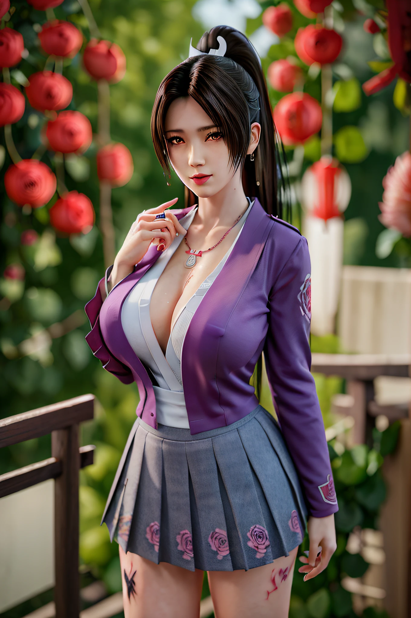 Full body, (solo:0.9), MaiShiranui,Hands on breasts,(Japanese high school uniform:1.5), wristband, earrings, cross necklace, bangs, black hair, blunt bangs, ( gigantic breasts:1.4), lips, long hair, moles under the mouth, purple eyes, slightly dilated lips, smile, wet skin, Wet hair, shame,Standing amidst the falling cherry blossoms,(rose_tattoos:1.5), (masterpiece: 1.4), (best quality: 1.4), real-life portrait photography, looking at the viewer,Center,