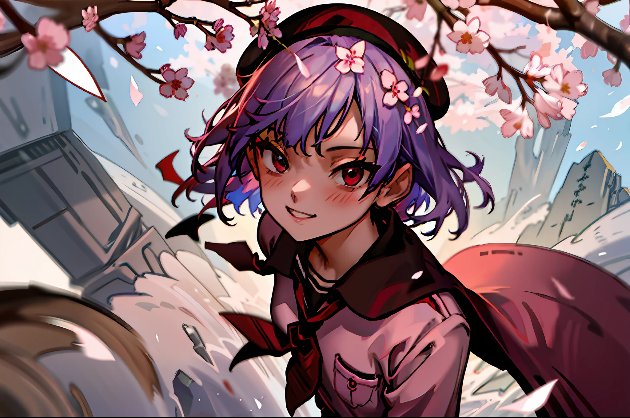 1boy, solo, teenage, portrait, looking at viewer, school uniform, suit, handbag, long black coat, berets, mizuki, (red tie:1.5), short hair, light blue hair, smile, shut up, hand pocket, spring, (sunny: 1.2), cherry blossoms, cherry blossoms, floating flowers, falling flowers, rock path, moss, shade, school, gate, mizuki, walk, depth of field,