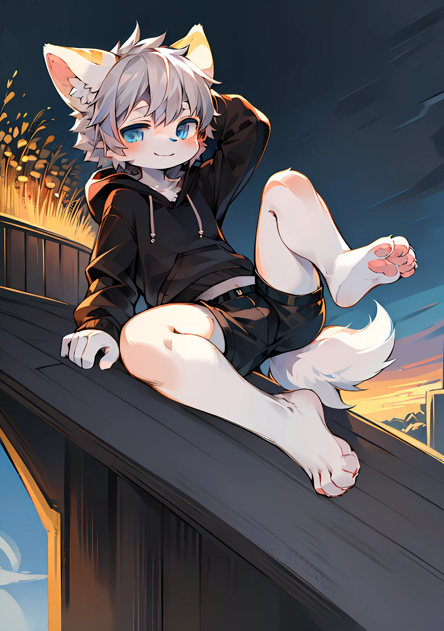 (Bright Environment: 0.8), Masterpiece, High Quality, Abstract Res, Digital Painting\(Artwork\), by Dagasi, Yupa, Kiyosan, (Anthro, Fluffy Fur, Character Focus: 1.1), Anthro Male Cat, Short Hair, Portrait,pastoral, ears of wheat , bright eyes, panorama, character focus. (Background: 0.8), Solo, Furry, Furry Male, Male Focus, Anthr, (Full Body Fur, Fluffy Tail, White Fur, Blue Eyes, Gray Hair, Hoodie, Black Shorts, Smile, Leg Raise, White Socks, Pink Meat Mat: 1.2), (Canids: 1.2), (External: 1.1)