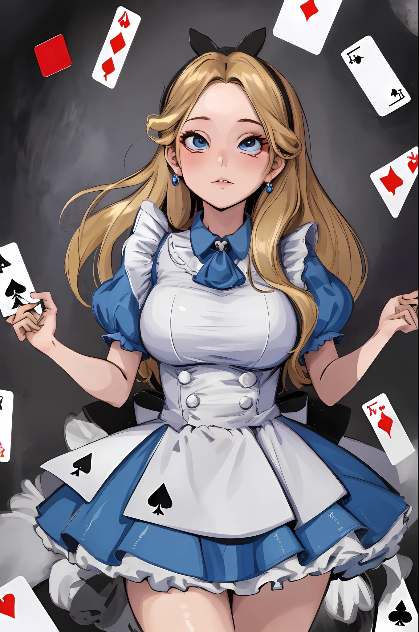 masterpiece,best quality,highres, ultra-detailed, solo, 1girl,  AliceWonderlandWaifu, dress, large breast, in worderland,
have a playing cards, (ahegao:1.2), (head back:1.2)