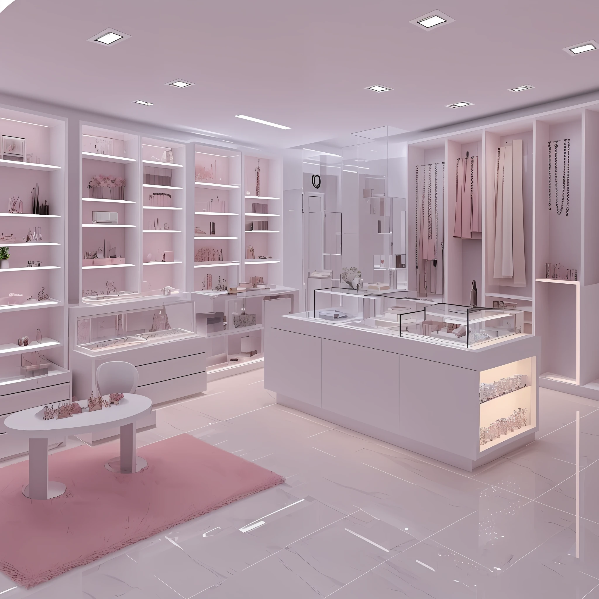 create a store: compact and modern "jewelry shop" in white and light pink colors with led lighting and porcelain flooring and showcase with showcases full of jewelry.  reception with sofa and chairs, white and light pink for the customer.  third-person view angle.  1x2 ultra realistic 4k size.  with a wide view of the environment. --auto --s2