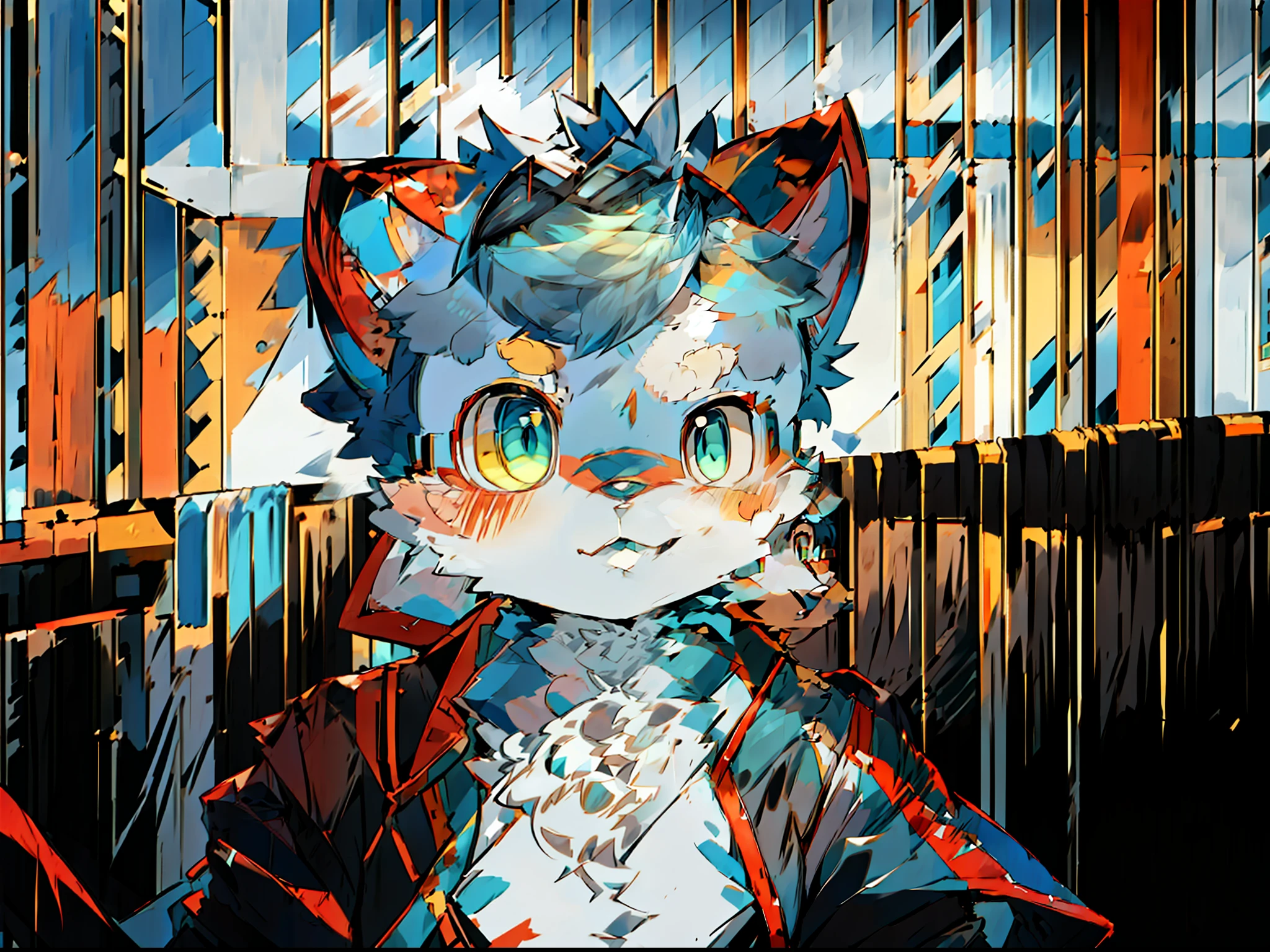 anime character with blue hair and a red bandanna on a balcony, anime style. 8k, 2 d anime style, anime moe artstyle, trigger anime artstyle, in an anime style, in anime style, anime stylized, anime style hyper detailed, stylized anime, safebooru anime image, flat anime style shading