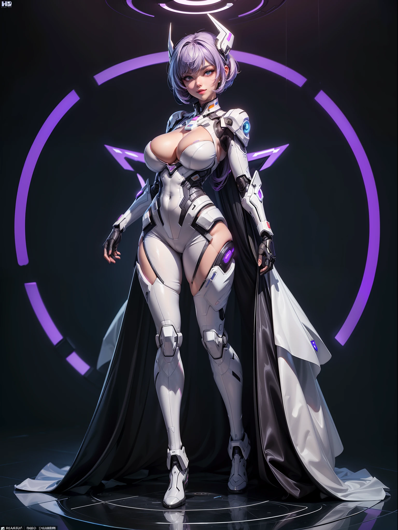 ((full body):2) {((Alone/A woman/standing):1.5)}:((wearing white mecha suit with extremely tight black body parts):1.2), ((extremely large breasts):1.5), ((shimmering blue eyes, short purple hair)1.2), ((looking at viewer with loving gaze, smile):1.3), ((erotic pose):1.3),\n She is in a(( futuristic clothing store with various clothes being sold):1.5), anime, anime-style, 16k, ((best quality, high details):1.4), masterpiece, UHD
