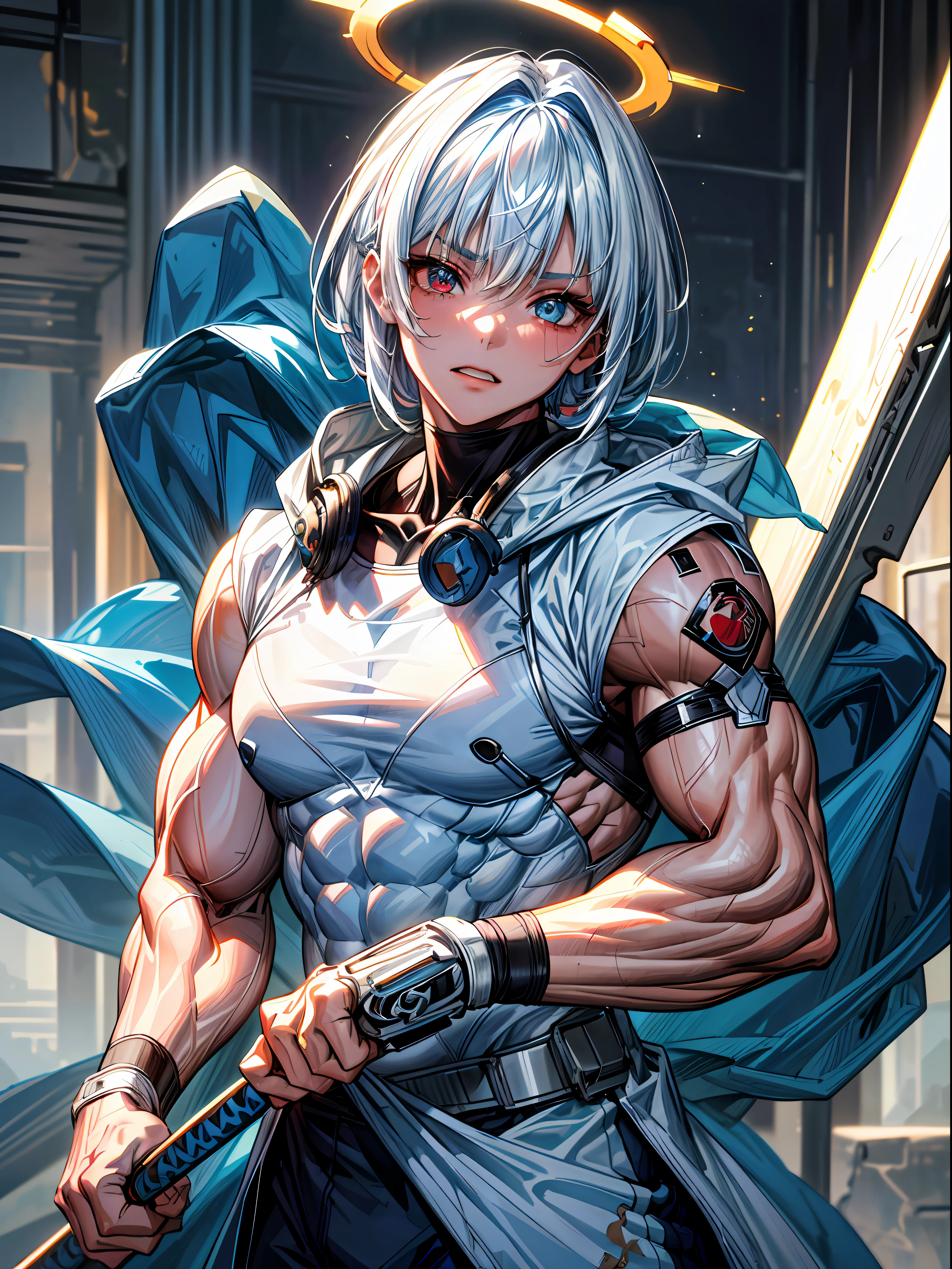 high contrast, (8K UHD:1.2), (photorealistic:1.2),(masterpiece:1.4), (best quality:1.4),extremely detailed wallpaper, highly detailed illustrations, ((1 Girl)) , (super-complex details) , 4K unified, (masterpiece:1.2), (best quality:1.2), (masterpiece), girl, (upper body), abs,(Masterpiece), (high quality), (ultra-detailed), long straight hair, ((white-blue hair)), (bright scarlet eyes), angry expression, halo, (White blue cloak), blue katana on one hand, beautiful lighting, heterochromia, abandoned city, apocalypse, (body builder:1.5), intricate detail background, short hair, eveil laugh, pshycopath, yandere
