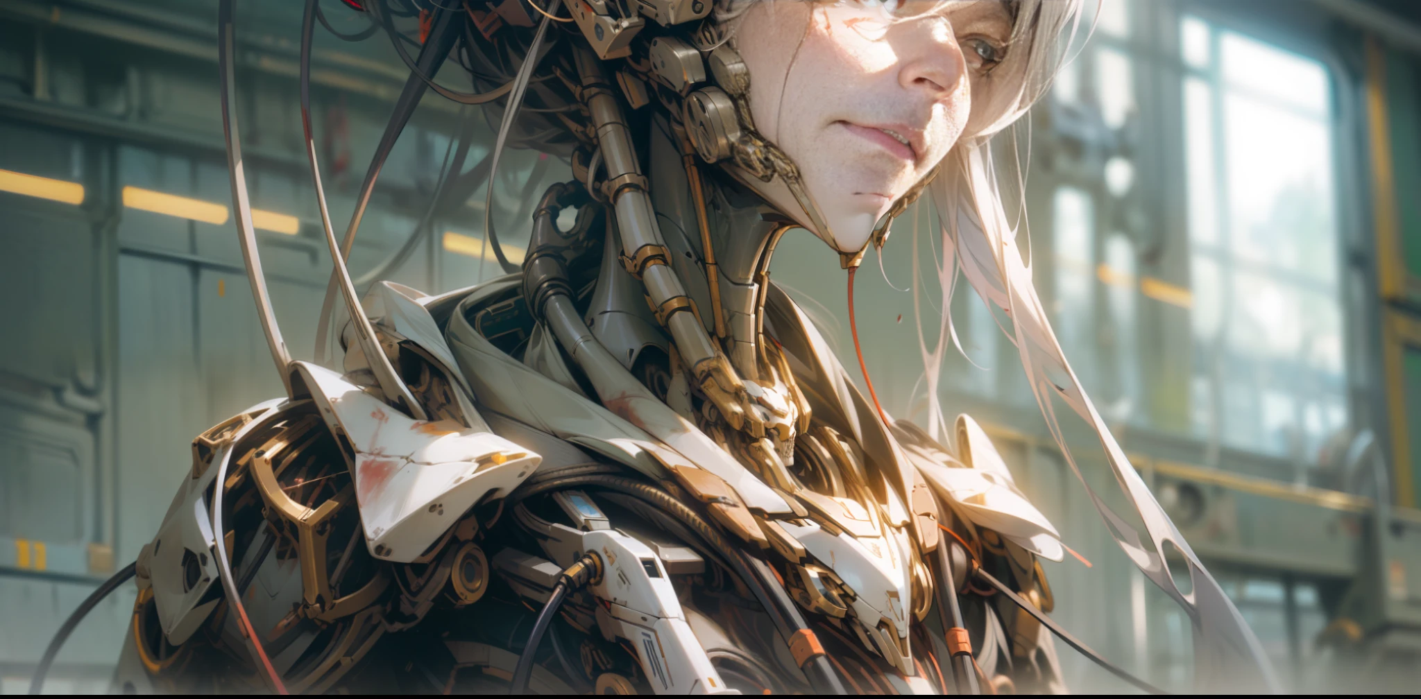 ((masterpiece)), ((best quality)), (ultra-detailed), (CG illustration), (an extremely devious and beautiful)), (cute desktop face), cinematic light, ((1 mechanical girl)), single, full, (machine-made joints : 1.4), ((Mechanical limb)), (Blood vessels attached to tubes), ((Mechanical spine attached to back)), ((Mechanical cervical vertebrae attached to neck), (War Machine), Expressionless, (wires and cables attached to head and body: 1.5), (Character focus), Science fiction