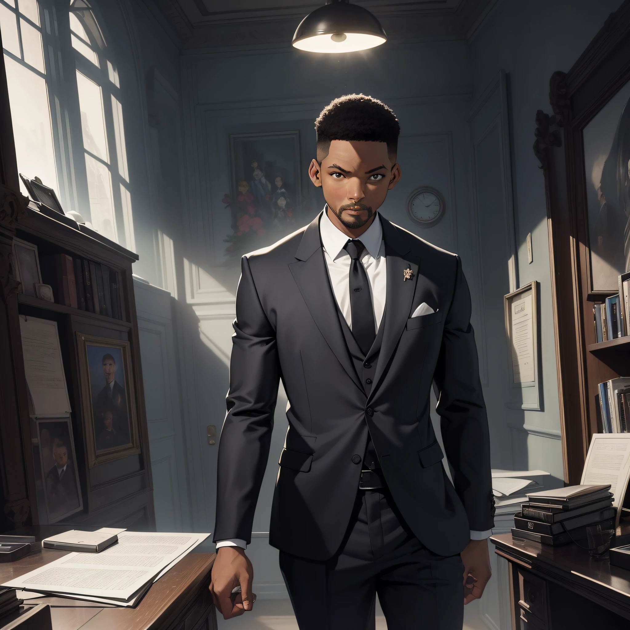 Absurd resolution, high resolution, (masterpiece: 1.4), hyperdetail, middle-aged Will Smith, black suit, eerie room, serious expression (1.3), looking at a note (1.4)