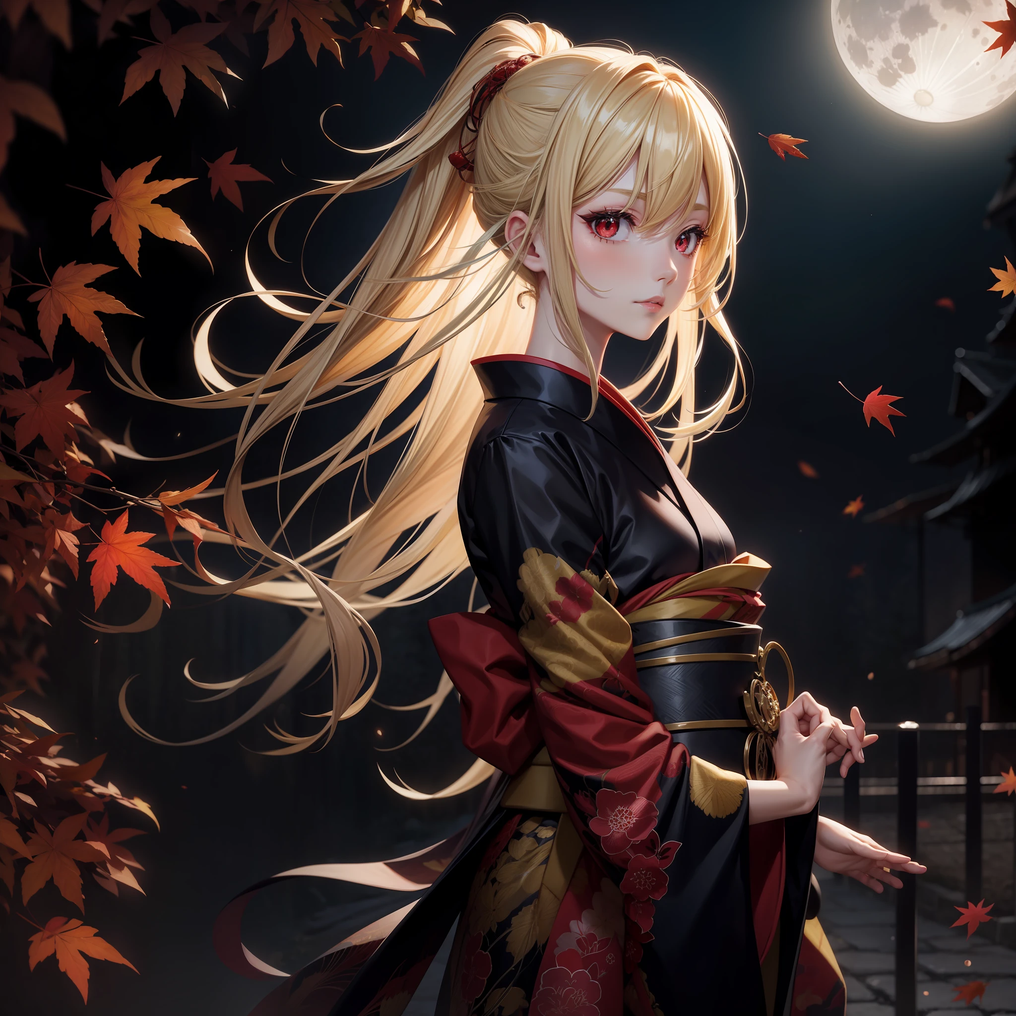 blonde girl, one, solo, red eyes, anime, kimono, moon, autumn leaves light up, night,